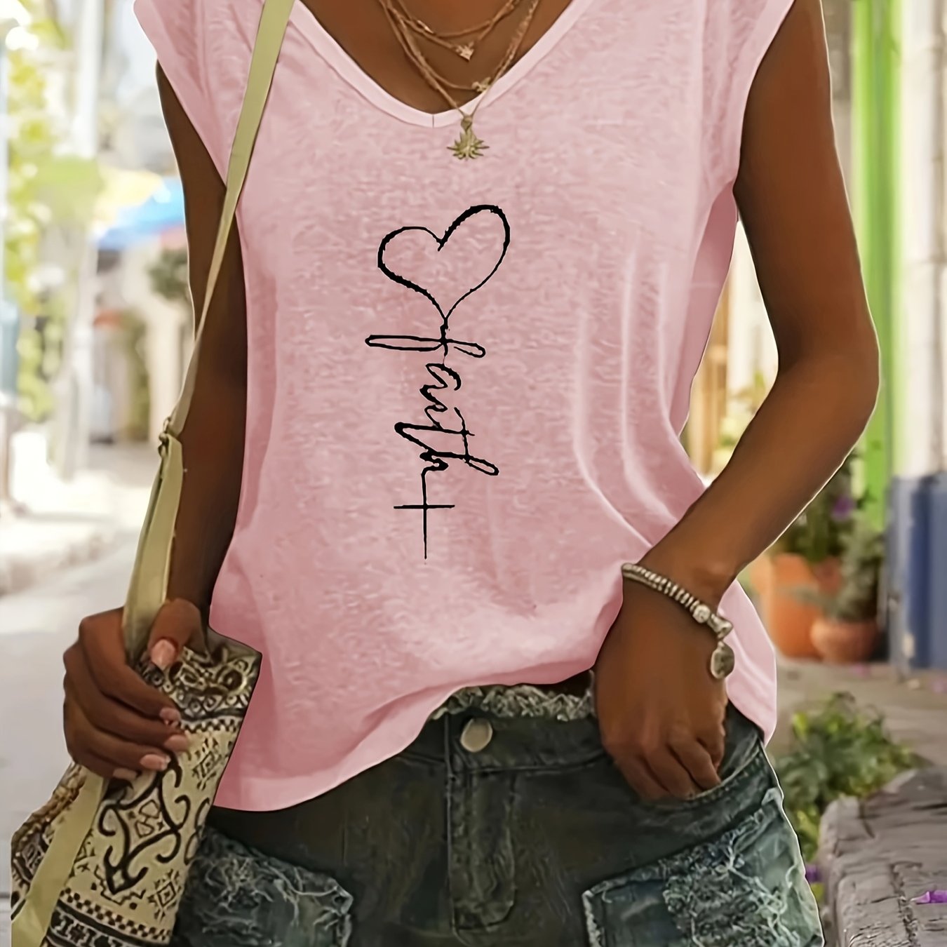 2024 Spring/summer Print Loose V-neck Short Sleeve T-shirt