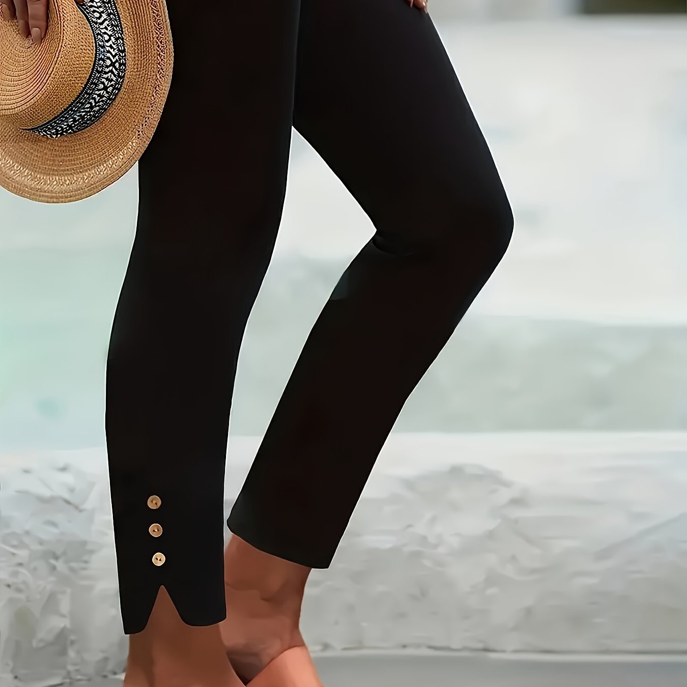 E-shop Plus Size - Plus Size - Plus Size Leggings in Unifarben, Lässige Freizeit Leggings mit Knopfleiste und Schlitz, Capri-Länge, Damenmode in großen