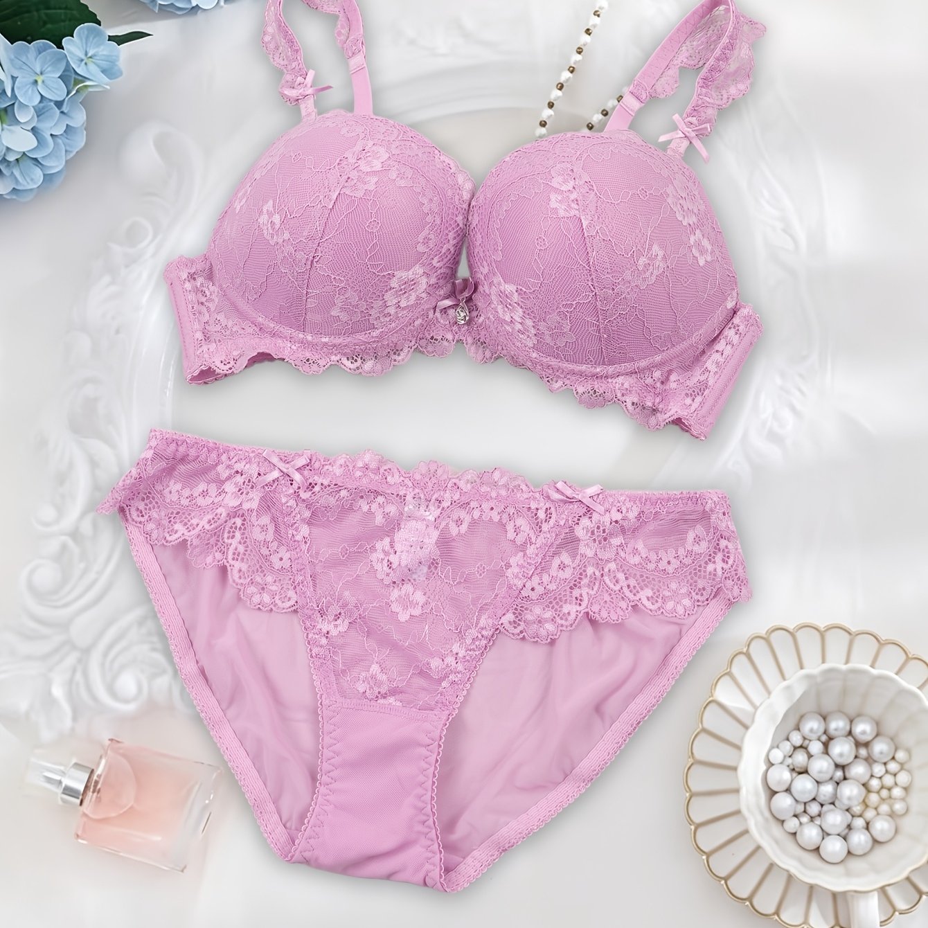 TEMU Women's Purple Lace Lingerie Set, Bow And Rhinestone Embellished Lace Panel Adjustable Straps Underwire Bra, Lace Trim Mesh Triangle Panties,