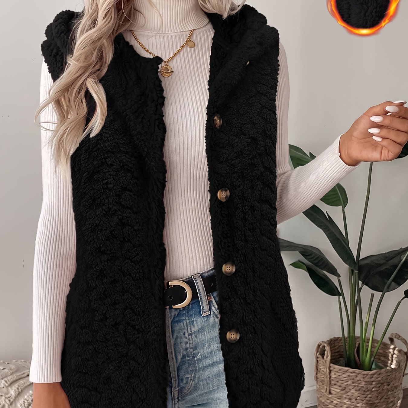 TEMU Autumn Winter New Women's Hooded Cable Plush Vest, Sleeveless Cardigan Vest Casual All-match Warm Outerwear Top/christmas/halloween/thanksgiving