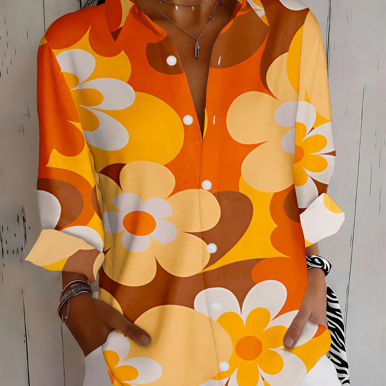 TEMU Women's Vintage Orange-- Shirt - Full-body Floral Blouse Suitable For Outdoor & Casual Wear, Machine Washable Spring/autumn Top, Button Collar