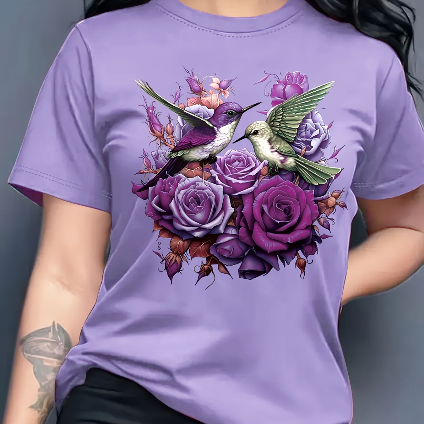 TEMU Chic And Romantic Rose And Bird Pattern T-shirt, Short Sleeve Casual Crew Neck Top, Lightweight, Soft, And Comfortable Fabric, Spring/summer