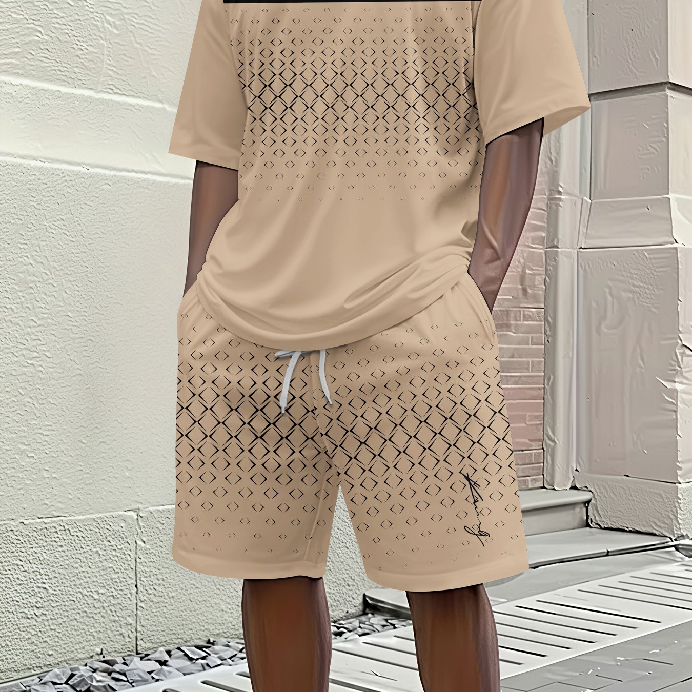 Image of Men's Spring/summer Casual Short-sleeve Set, Rhombus Pattern Signature Print Short-sleeve Set, Trendy Short-sleeve And Shorts Set, Fashion, Breathable Sporty , The Gift For Men