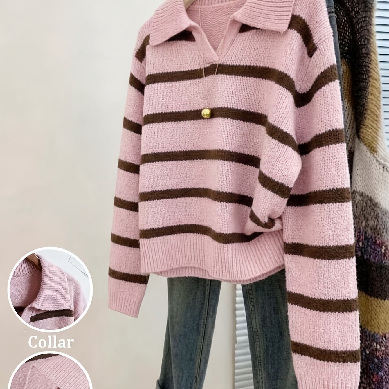 TEMU Herbst Winter Neue Damenmode Lässiger Lazy Style -Tagesmorgen Preppy -Block Gestreiftes Polo-Kragen Sweatshirt Pullover Top