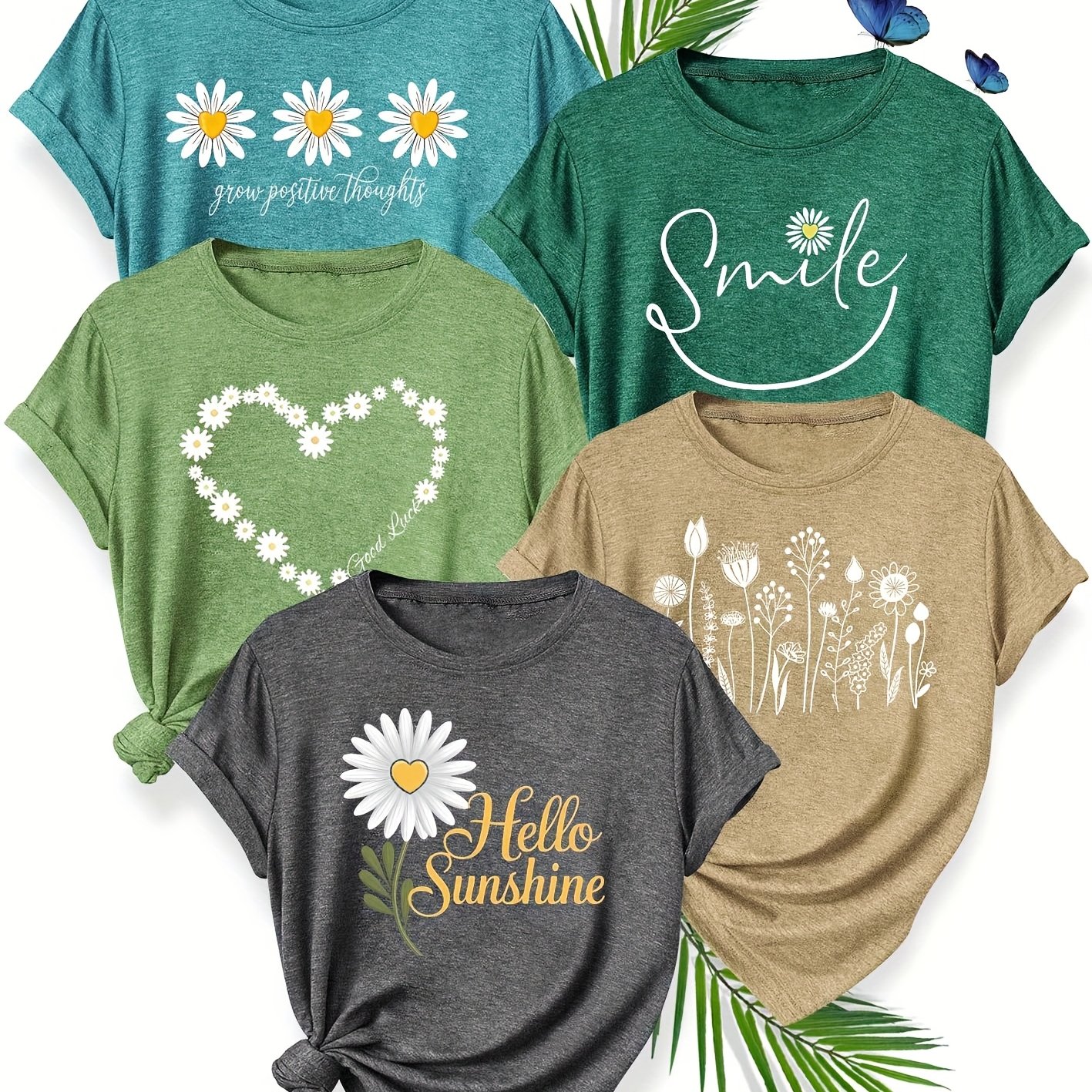 TEMU A Set Of 5 Stylish And Vintage Women's Casual Sports T-shirts With Easy And Clear Floral Heart Patterns, In Multiple Colors And Sizes S-xxl For