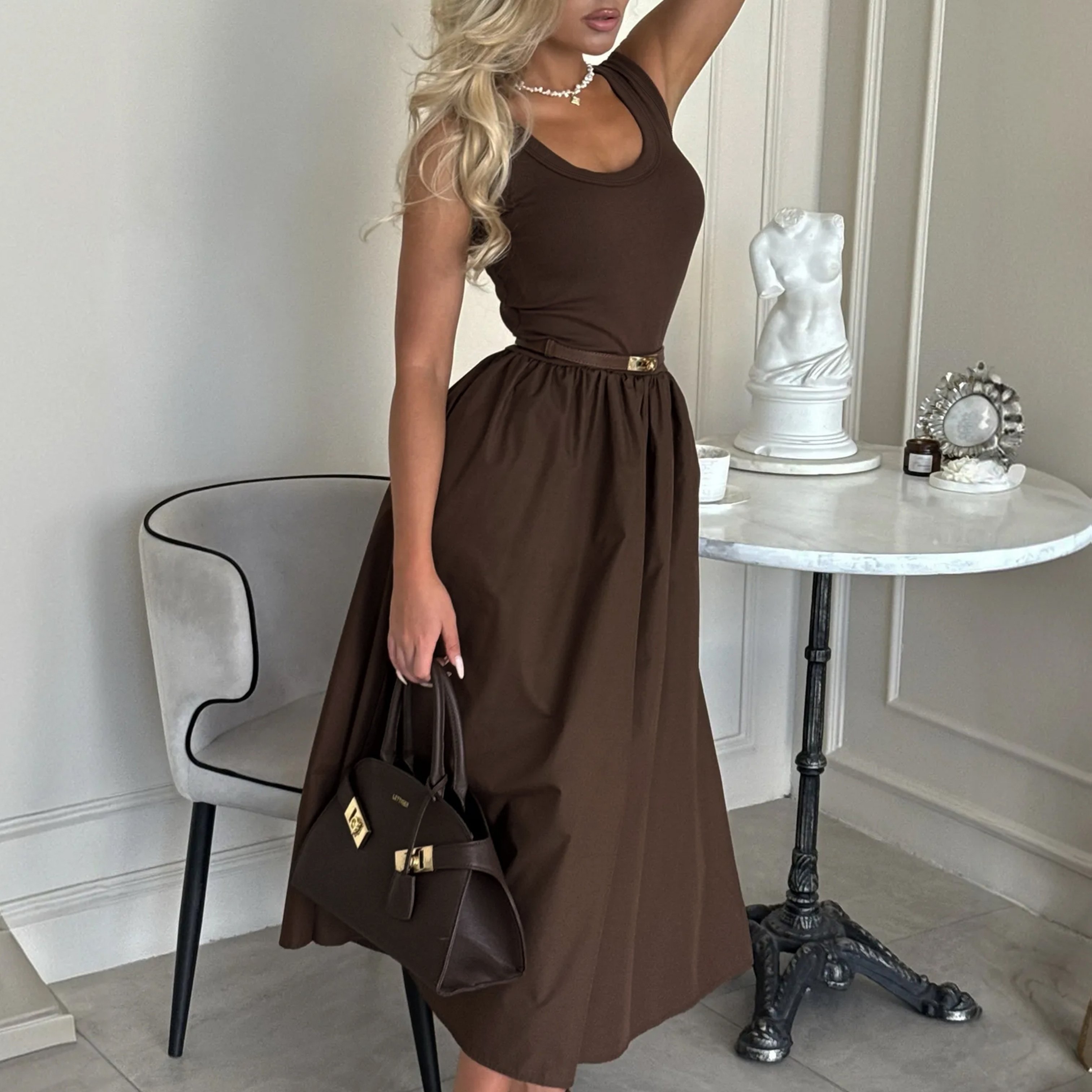 Spring/summer Fashion And Solid Color Women's Dress, Elegant And Casual, Large Round Neck Vest Top, Fitted And Loose At With A Belt, Elegant Long Women's Dress