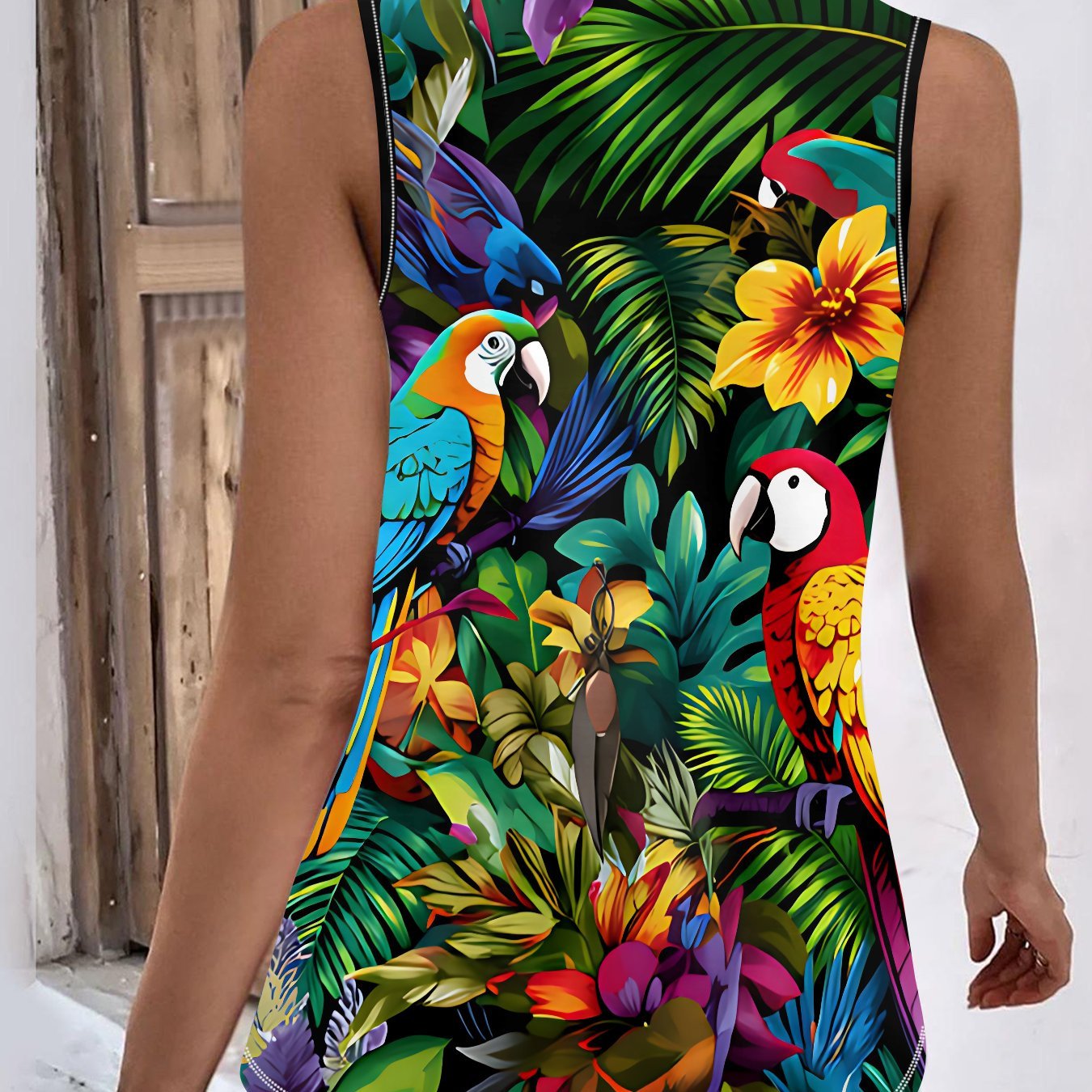 TEMU Women's Summer Vibrant Tropical Print Plus Size Sports Tank Top, Quick-dry Breathable Fabric, Ideal For Parties & Ramadan Vacation Travel