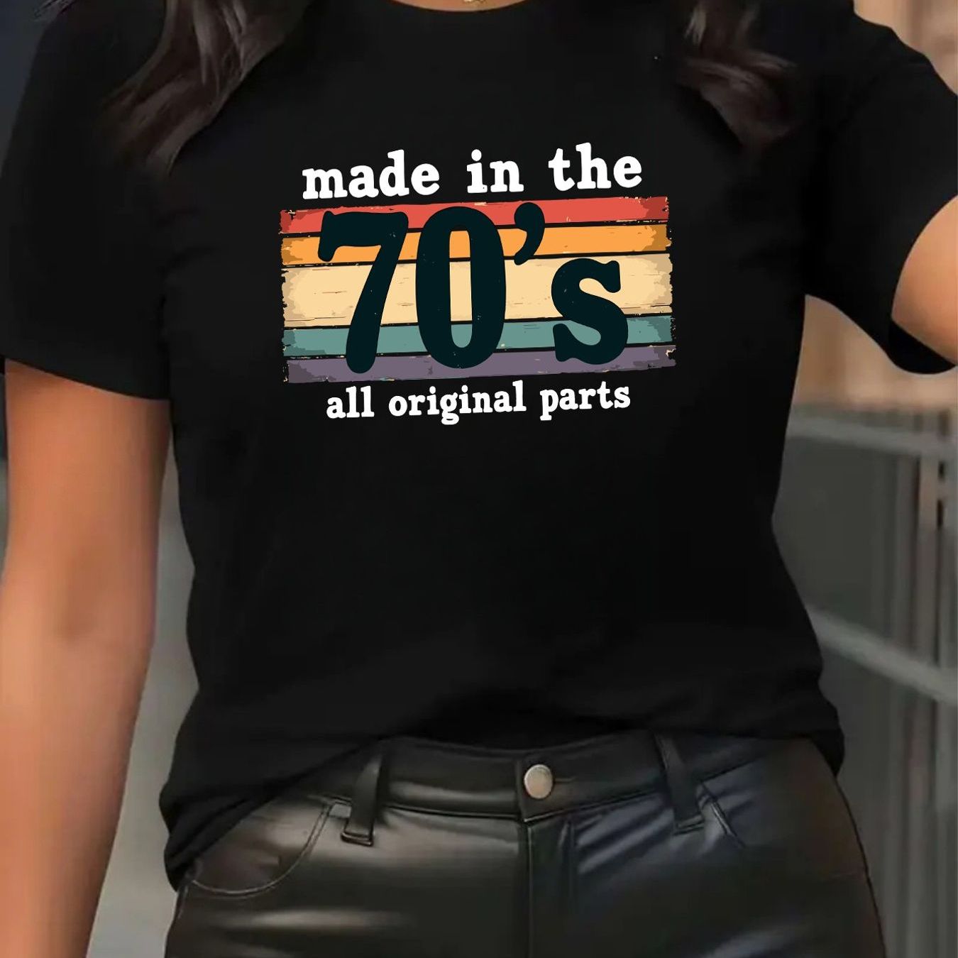 TEMU Retro T-shirt Women's Black Short Sleeve T-shirt - 'made In The 70s', Multi-colored Striped Background, Retro Style, Loose Version, Casual Wear, Perfect For Outdoor And , Fashionable