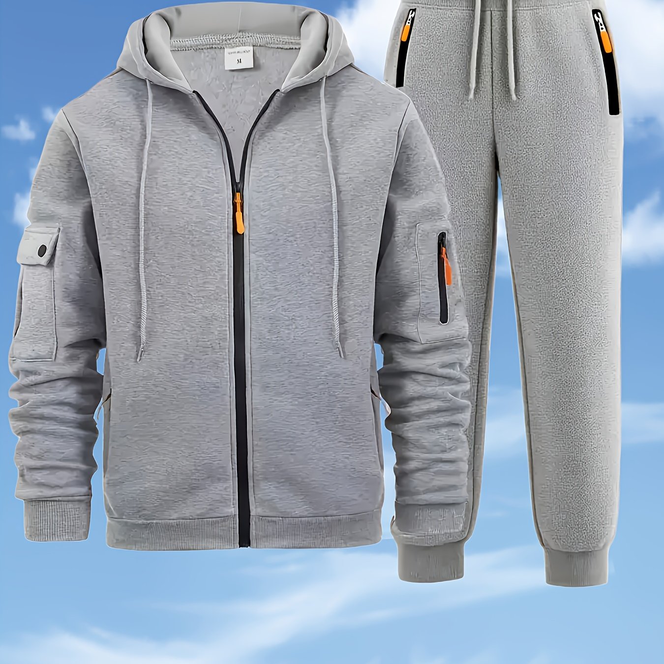 TEMU {} Men's Fashion Casual Sports Hooded Zipper Decorative Casual Set, Suitable For Outdoor Travel, Fitness Sports, Good Thermal Effect,