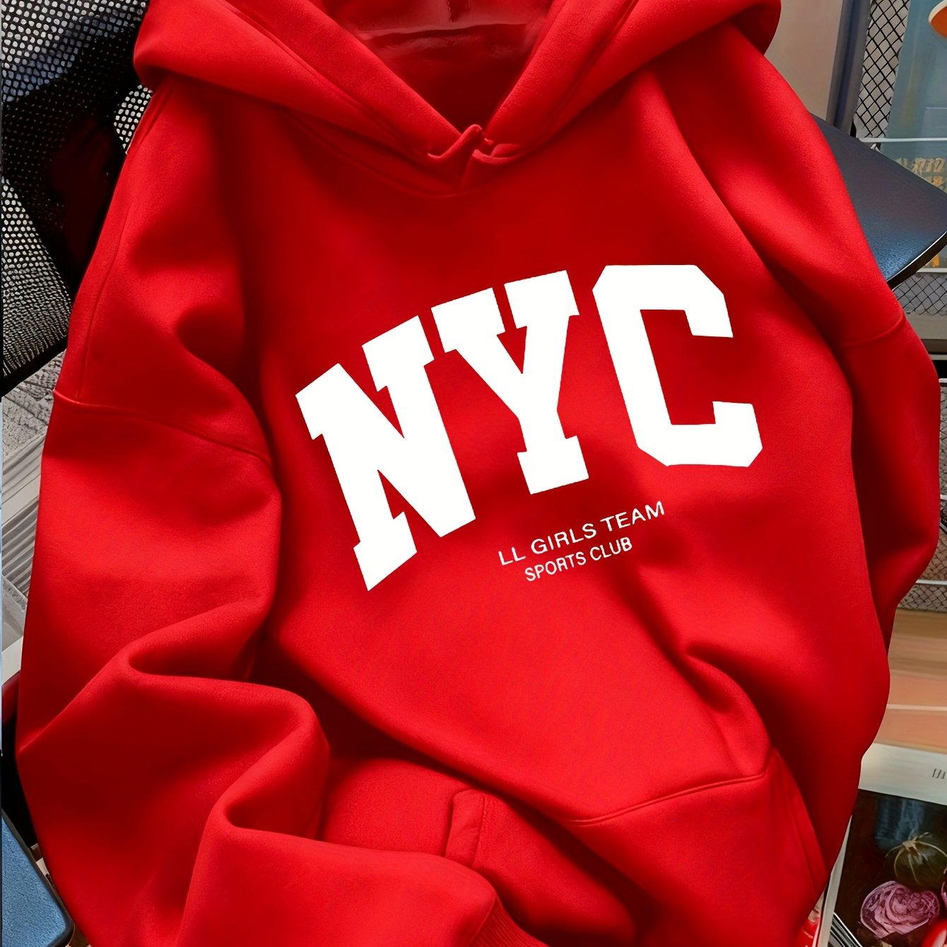 TEMU Women' Blue Nyc Pattern Hoodie, Oversized Drop Shoulder Sweatshirt, Lightweight Winter Hooded Top, Casual Special Occasion, Fall Winter Casual
