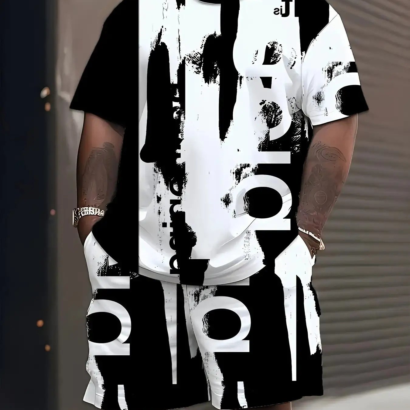 TEMU Summer Men's Plus Size Street Style Casual Comfortable Black And White Short Sleeve Set, Crew Neck T-shirt With Drawstring Pocket Shorts For