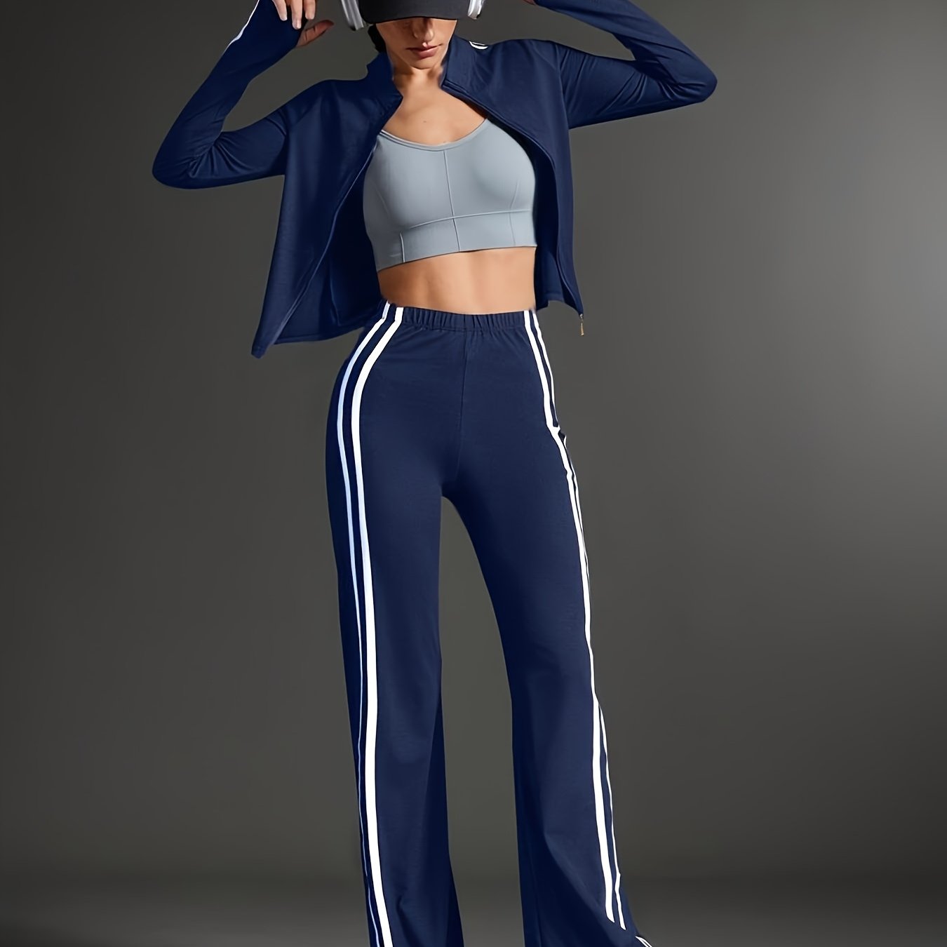 TEMU Vintage Two-stripe Stand Collar Slim-fit Yoga And Fitness 2pcs Set For Outdoor Exercise