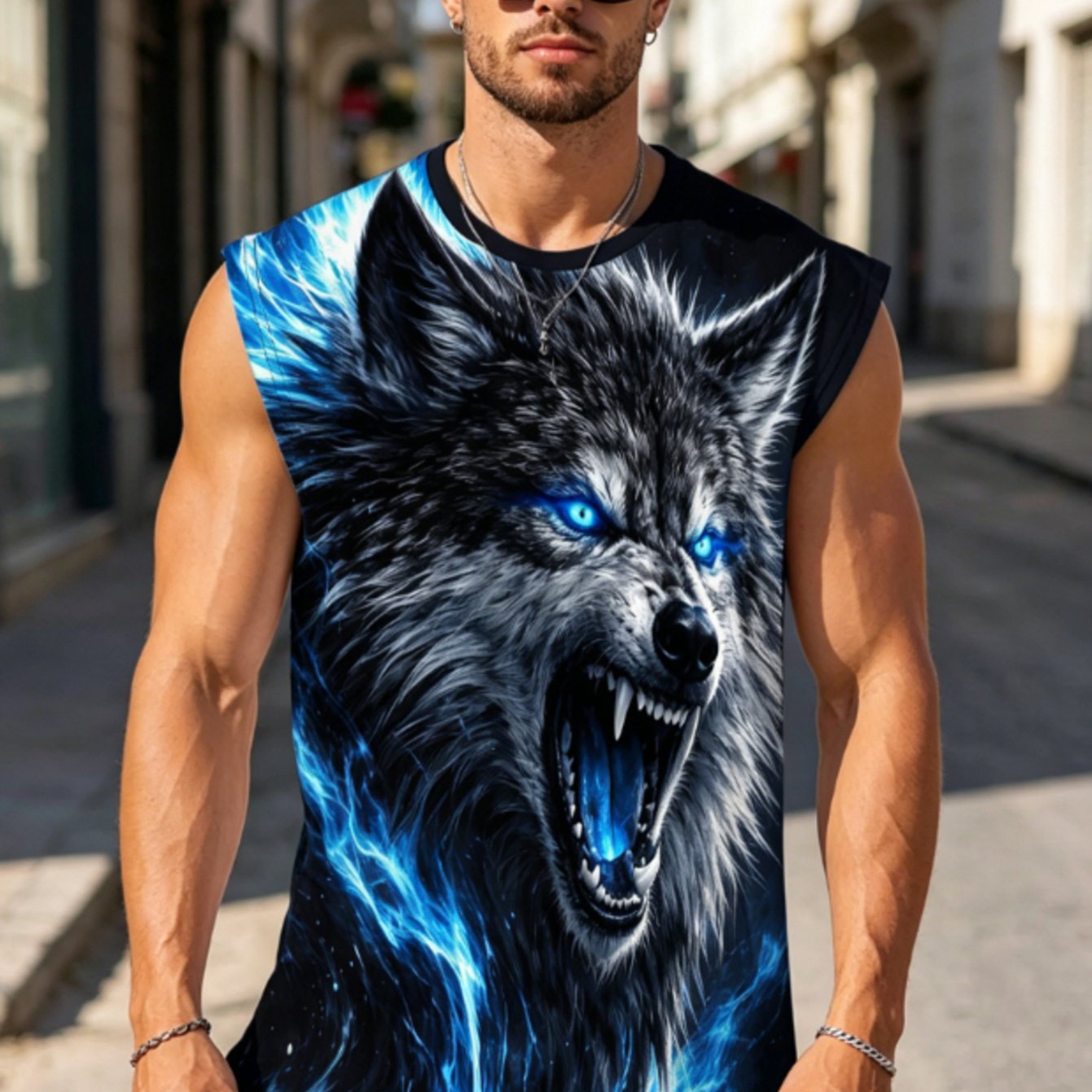 TEMU [printed Design - Not Textured] Blue Light Fanged Wild Wolf 3d Printed Men's Sleeveless Tank Top, 2026 Summer New Arrival, Dark Trendy Men's