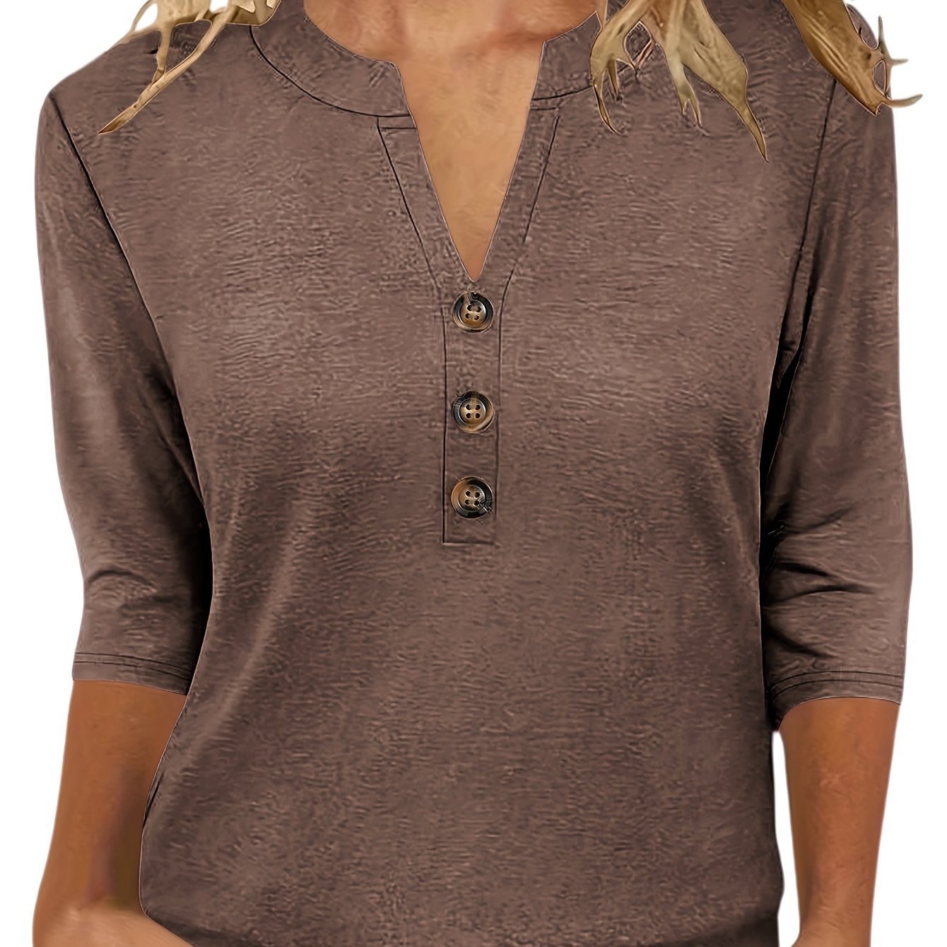 TEMU New Autumn/winter Casual Fashion Solid Color V-neck Button Three-quarter Sleeve T-shirt For Women