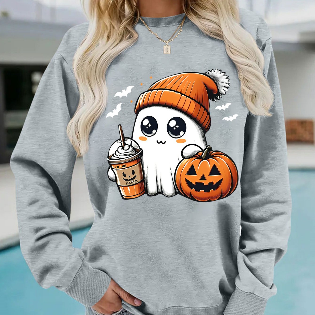 TEMU Halloween Pumpkin Long Sleeve Sweatshirt For Women, Polyester Knit Fabric, Crew Neck Pullover With Stretch, All Season Fit Sweater
