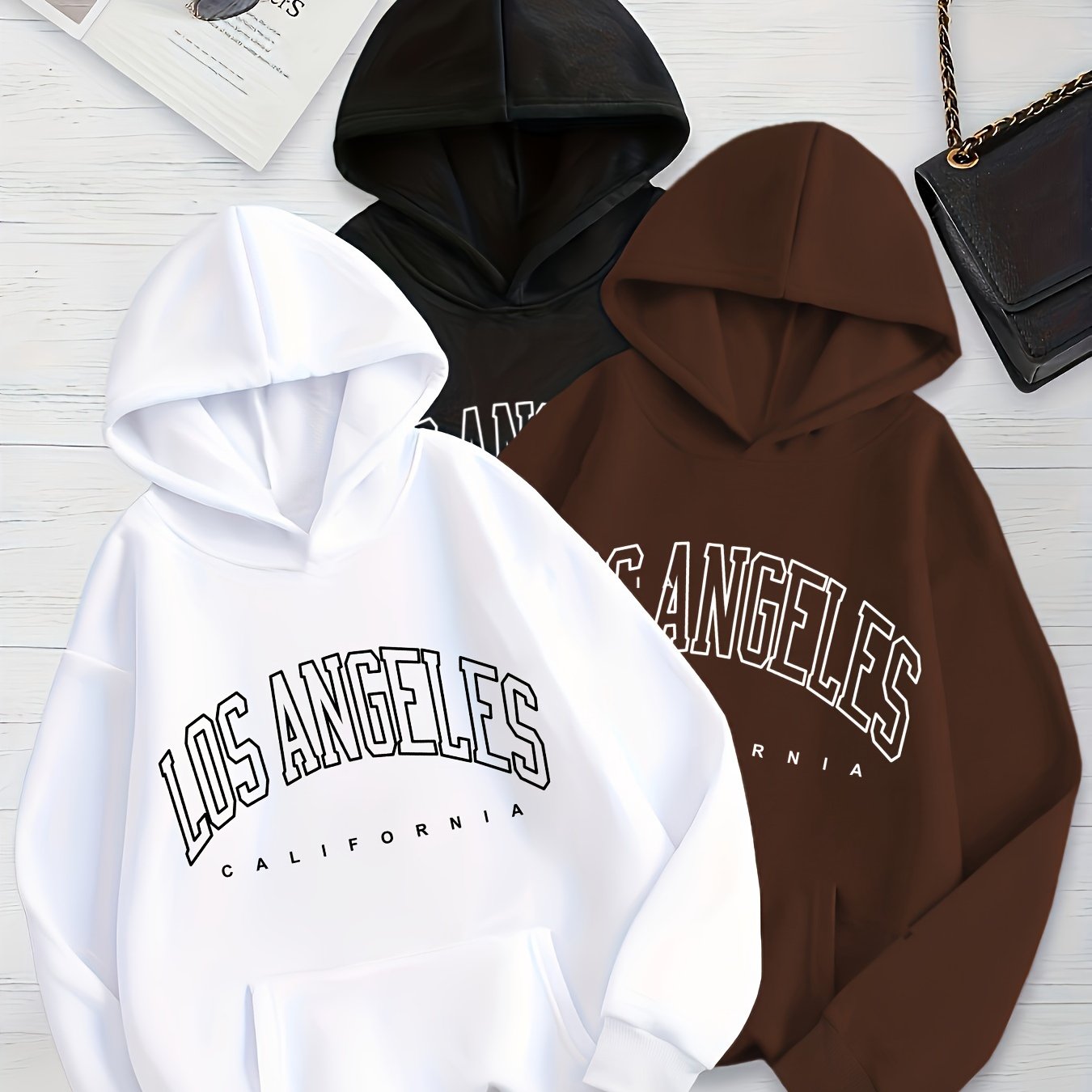 TEMU 3pcs Letter Print Kangaroo Pocket Hoodie, Casual Long Sleeve Pullover Hooded Sweatshirt For Fall & Winter, Women's Clothing