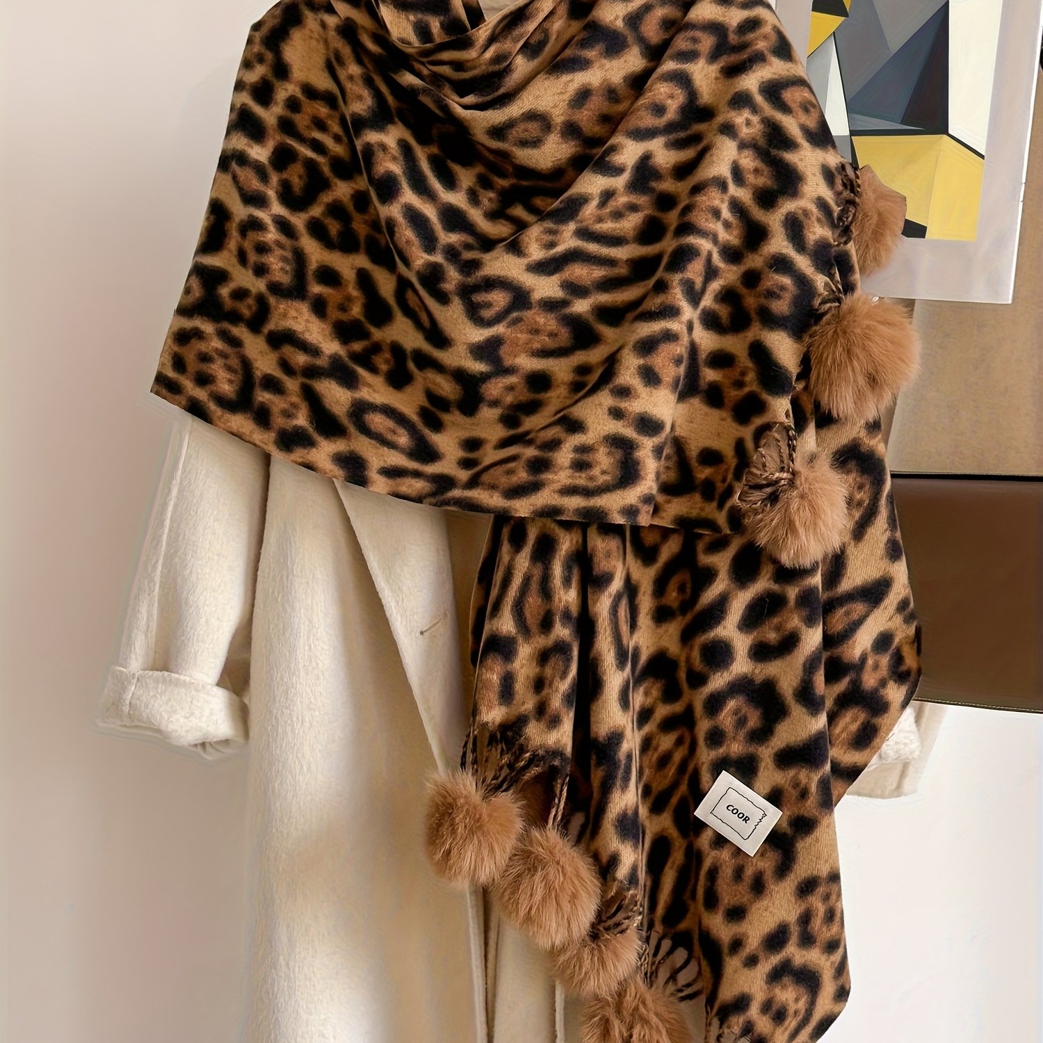 TEMU Plus Size, Vintage Leopard Print Ball Wrap - A Warm And Stylish Accessory For European And American Women' Wear, Comfortable And Designer