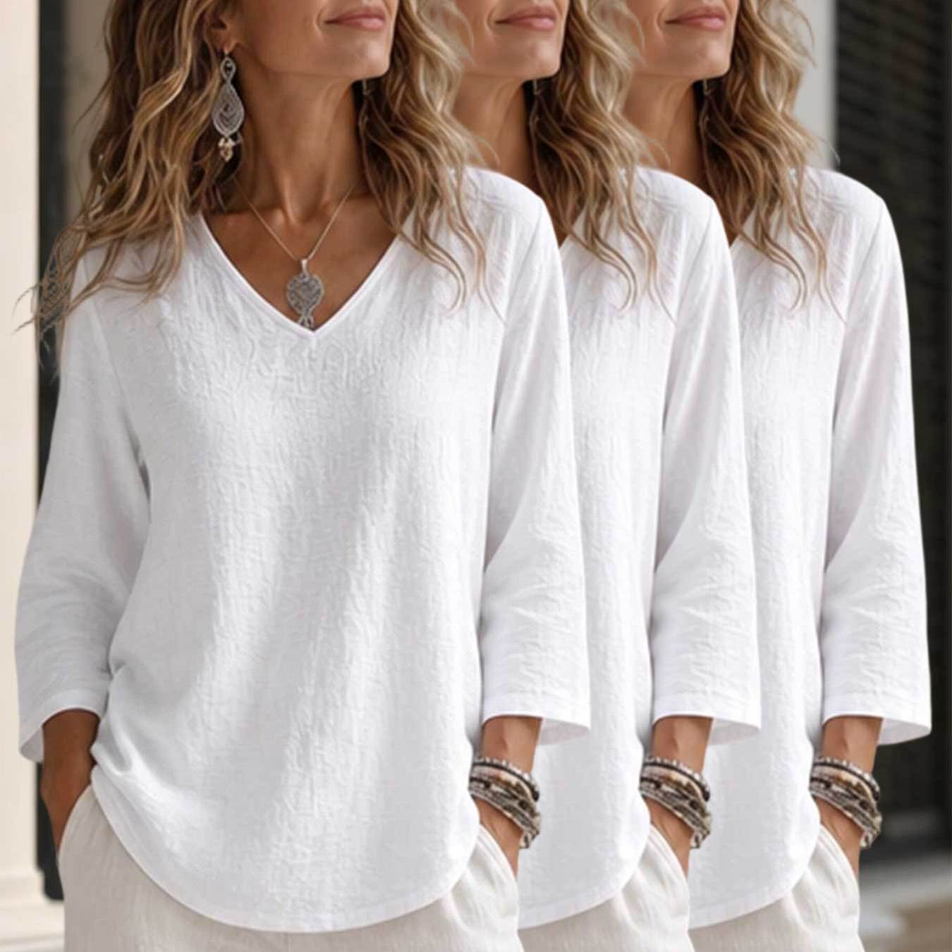 TEMU Solid Color 3pcs Set, /summer Women's Top, No Print, Casual, Versatile, Commuting, Outdoor, Loose Fit, V-neck, Three-quarter Sleeve Apparel