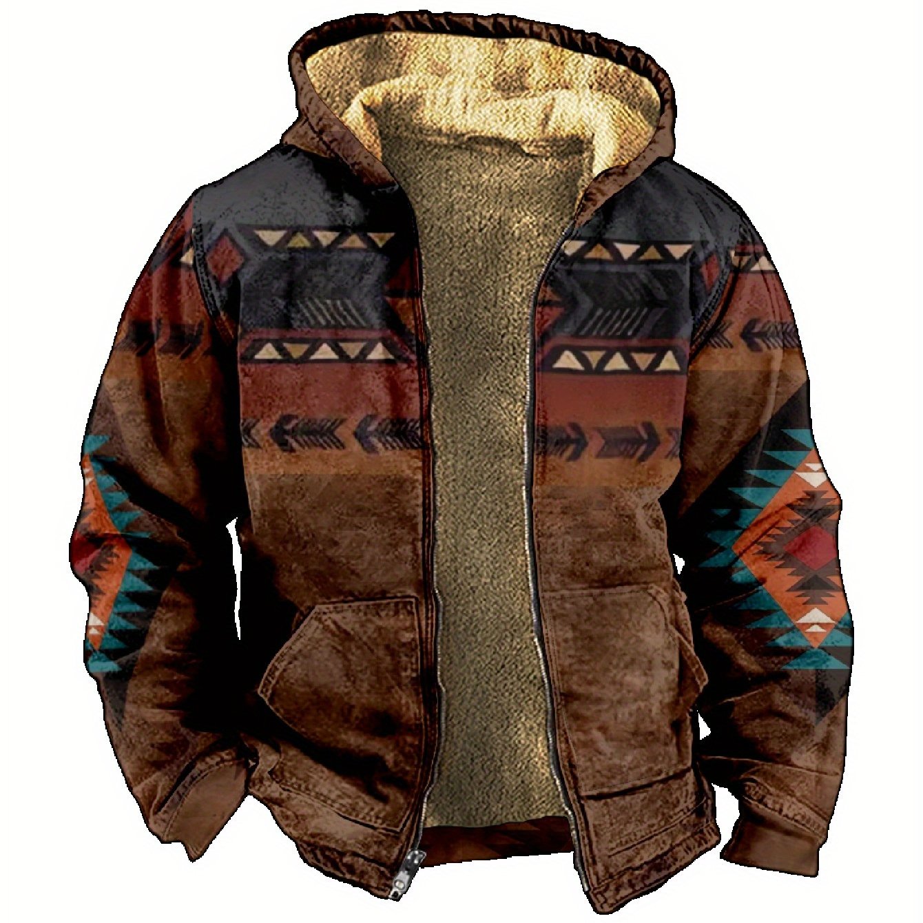 Men's Autumn Winter Retro Ethnic Style Fashion Bohemian Matching Fleece-lined Zipper Functional Warm Jacket