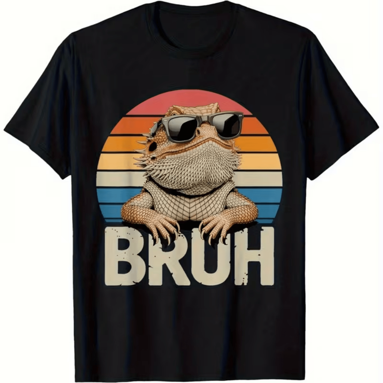 TEMU Bruh Bearded Dragon Birthday Gift T-shirt Vintage Sunset Fashion Glasses Lizard Print Boys Reptile Birthday Party Casual Wear Top