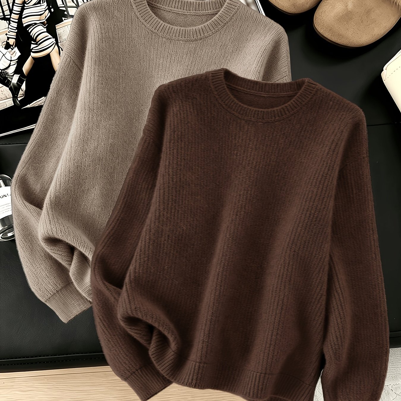 TEMU 2pcs Set, Women's Round Neck Loose Sweater, Solid And Comfortable Top, Casual Daily Outfit For Autumn And Winter