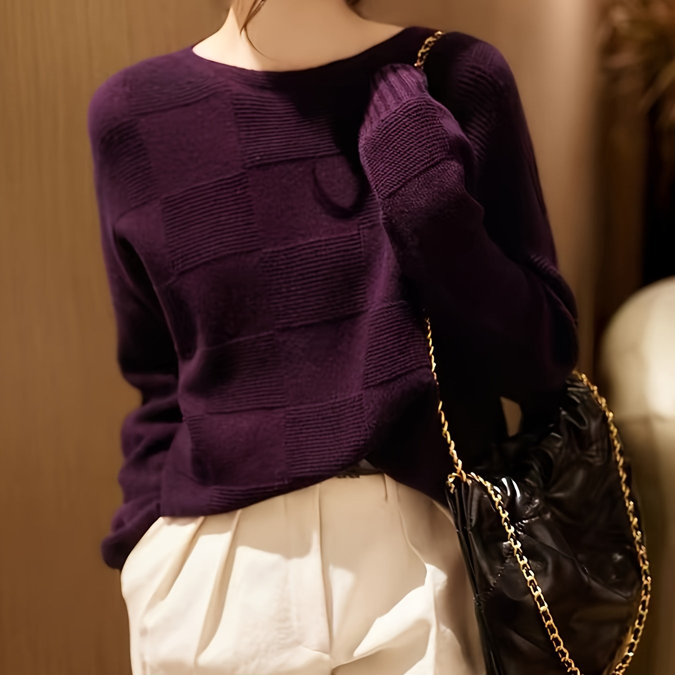 TEMU Stylish Round-neck Pullover Sweater For Women, Featuring A Minimalist Retro Design, Perfect For Spring And Autumn