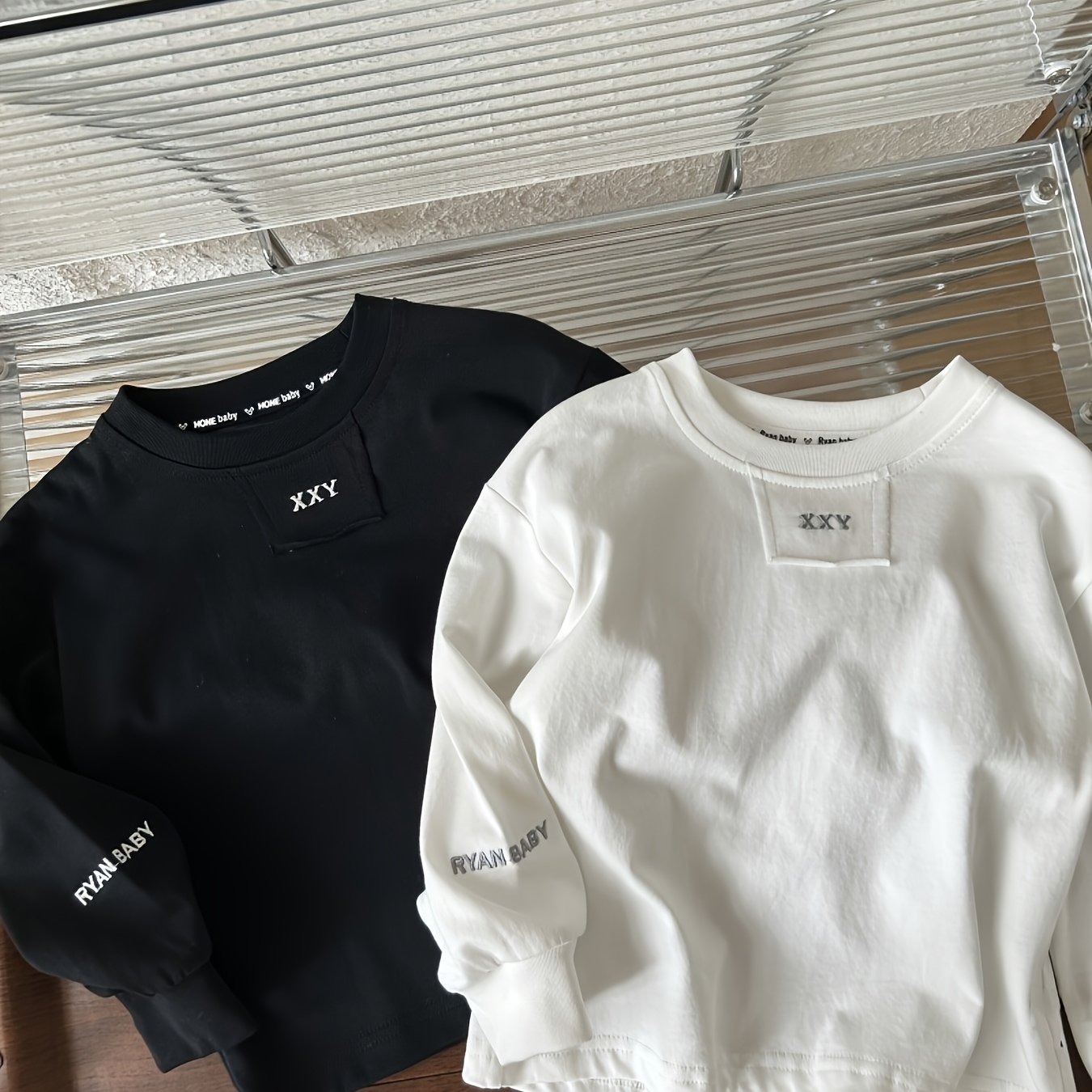 Image of 2-pc Boys' Long Sleeve T-shirt, Autumn Children's T-shirt, Pure Loose Fit, Spring/autumn Style, Trendy And Stylish, Long Sleeve Letter Print Layer, Baby Boys' Black Top