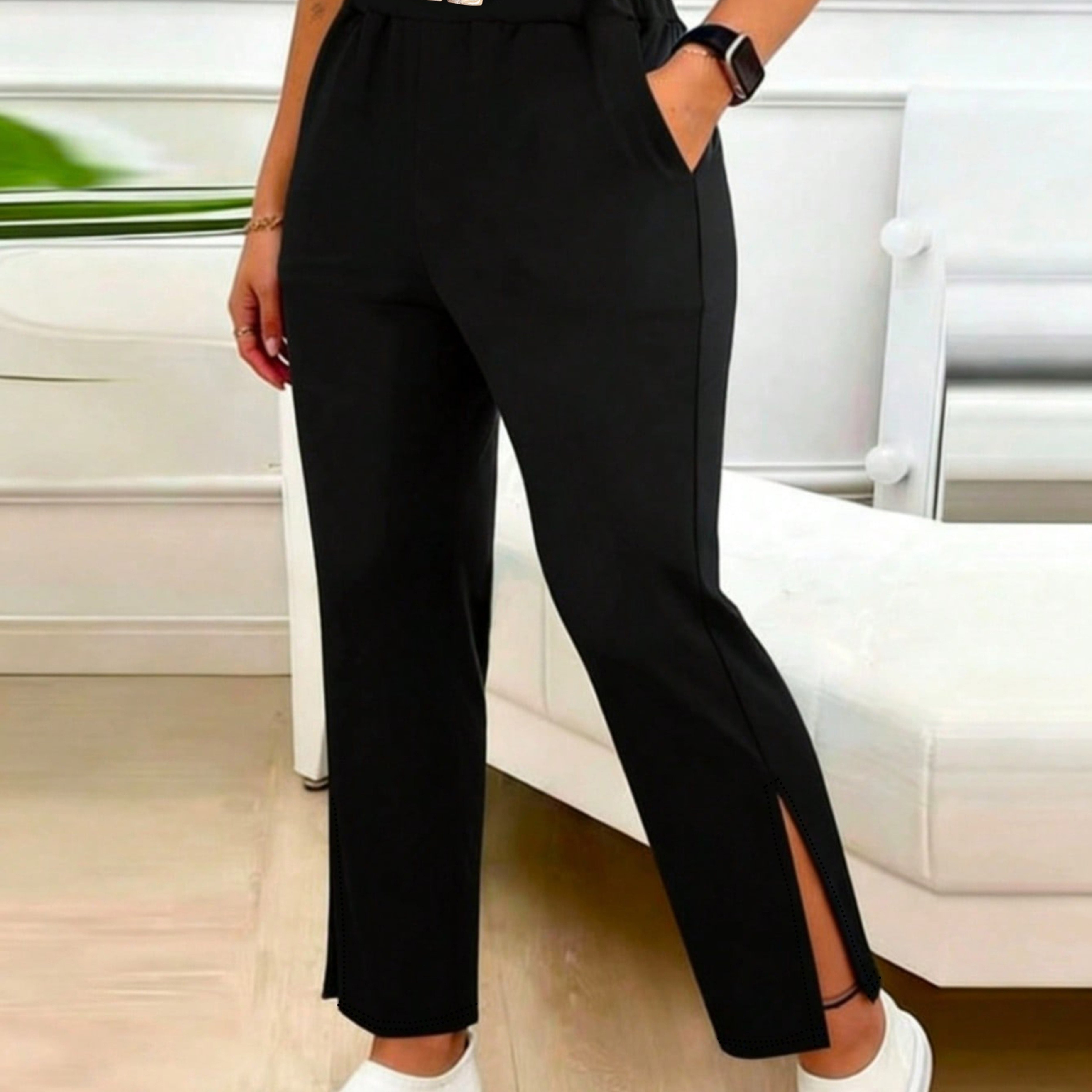 TEMU Spring Summer Women's New Solid Color High-waist Metallic Detail Ankle Side Slit Casual Trousers, , Slit Design, Daily , Cute Clothing