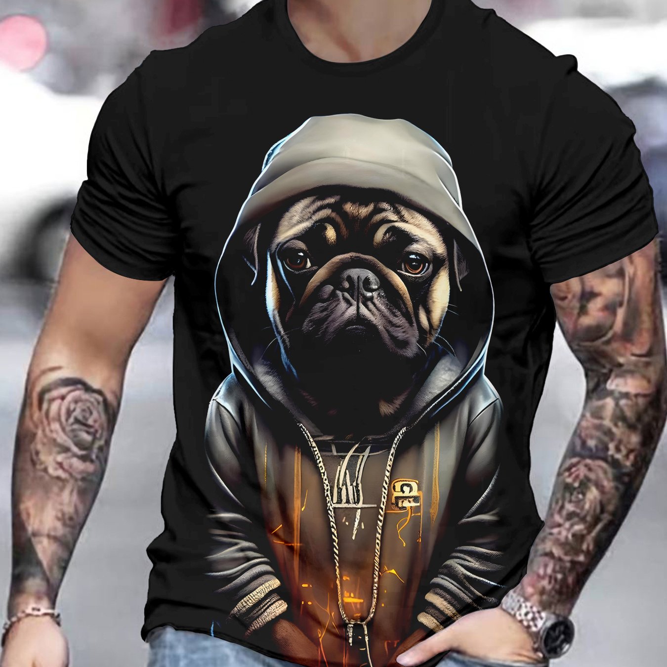 TEMU Men's Summer Casual Short Sleeve T-shirt With Print Pug Pattern, Breathable Round Neck Tee For Outdoor And , Machine Washable Regular Fit