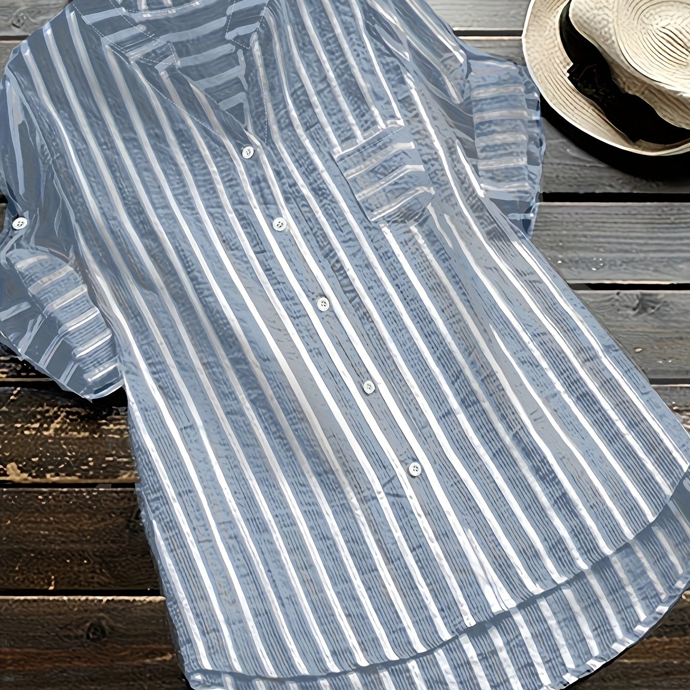 Plus Size - Plus Size - Plus Size Women's Striped Shirt With Lapel Collar And Pockets | Non-stretch Fabric, Elegant Style, Wear