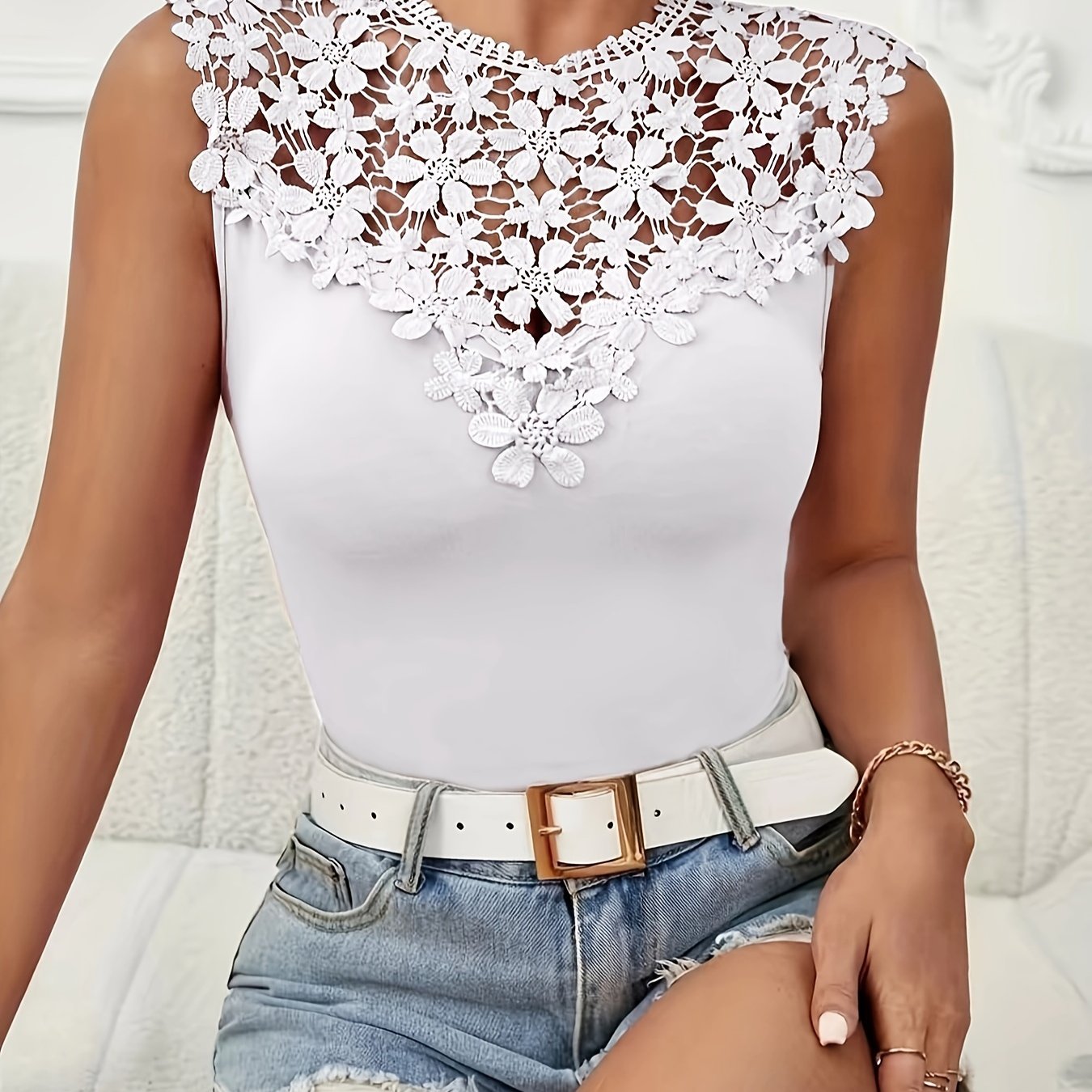 Image of Plus Size, 2024 European And Summer New Plus Size Women's Lace Applique Elegant Round Neck Sleeveless Tank Top
