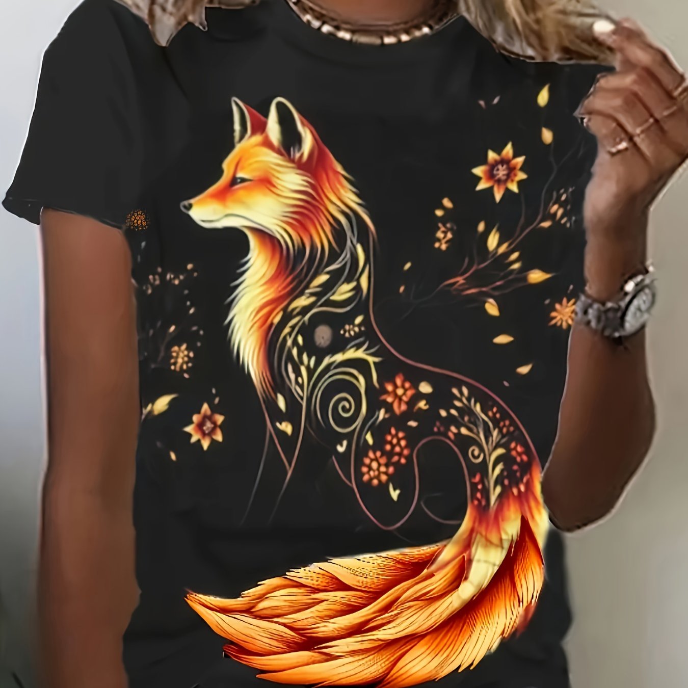 TEMU Fox Pattern Print Design, Women's Fashion Top, Women's Casual Comfortable T-shirt