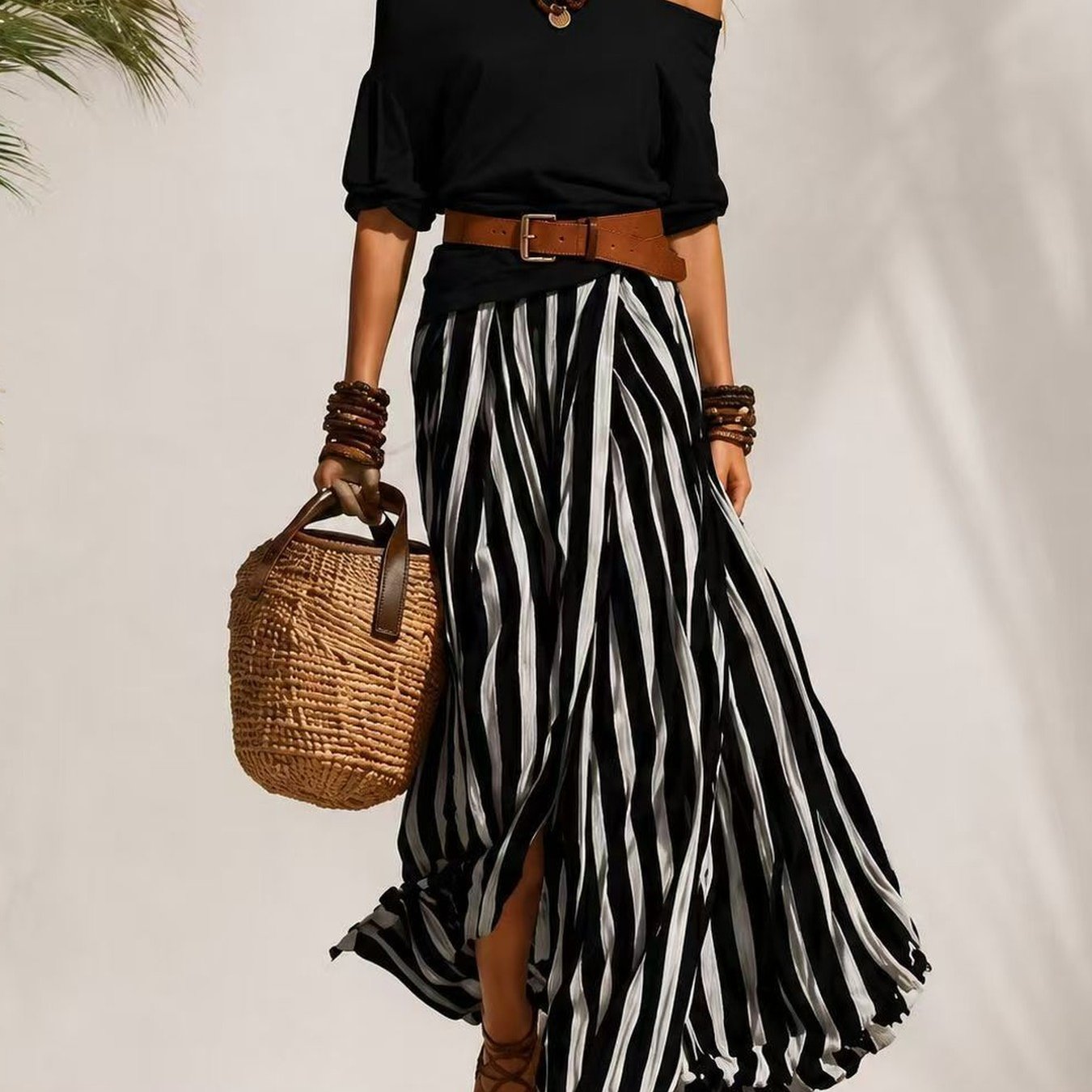 One-shoulder Bubble Sleeve Top With Vertical Stripes For A Soft Texture. Half-length Skirt Casual Set.