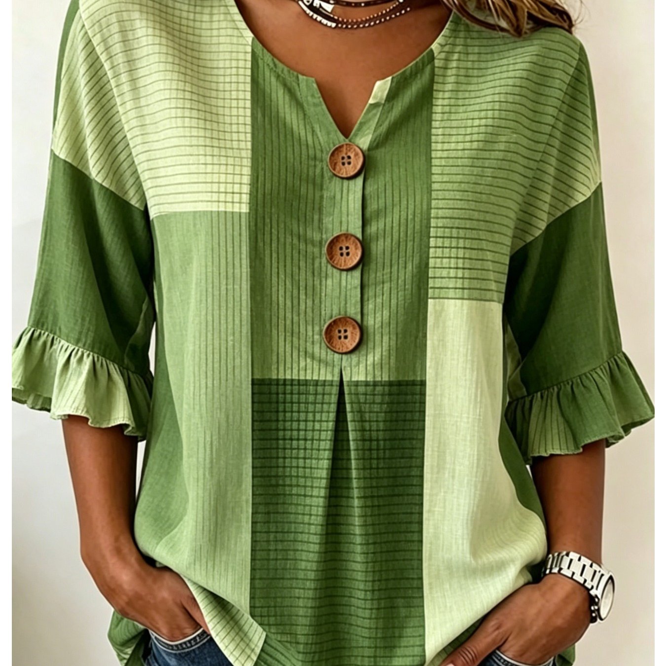 Women's V-neck, Three-button, Flared-sleeve Shirt With A Geometric Color-block Print