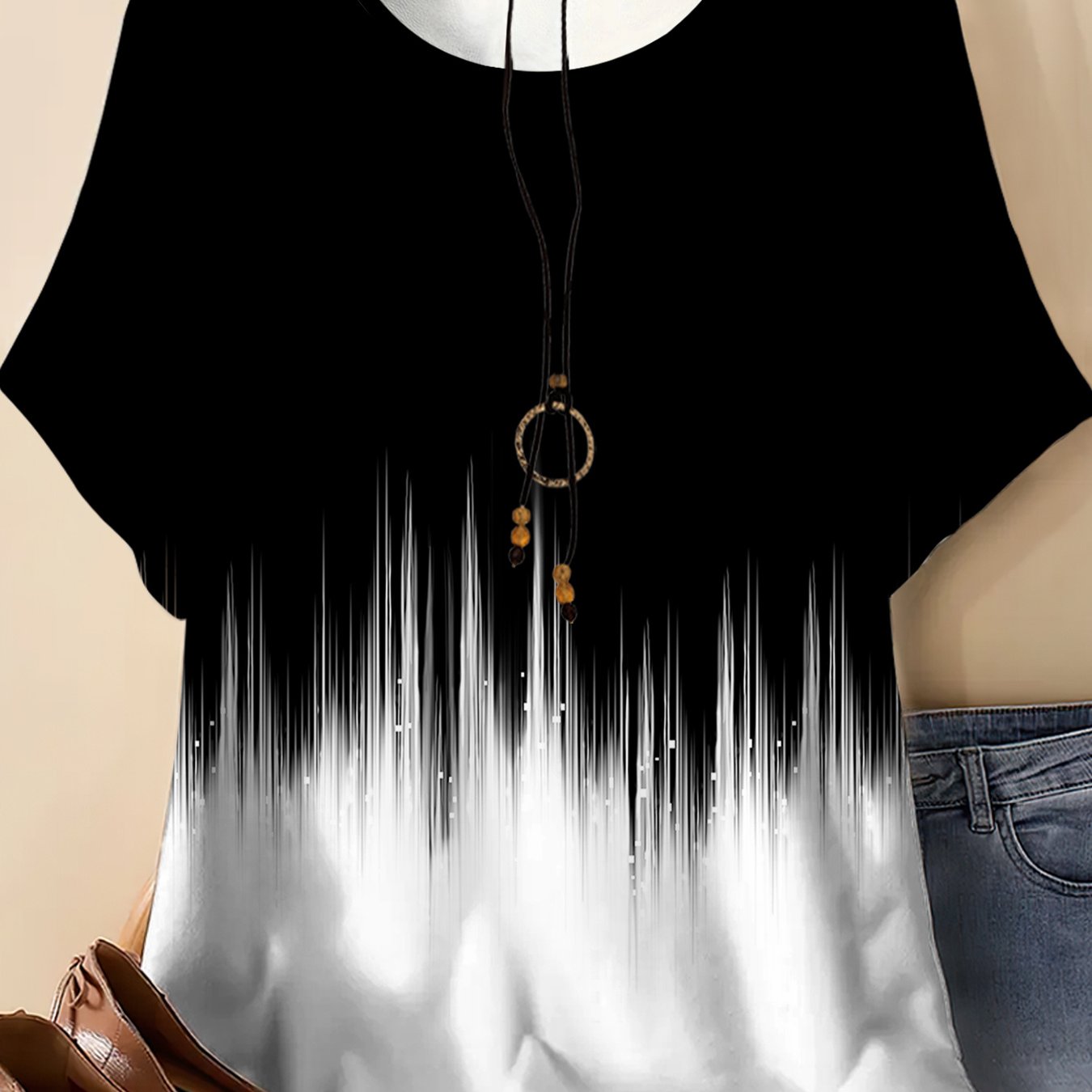 TEMU Camiseta de Manga Corta Oversize para Mujer Talla Grande - Blusa de Cuello con Estampado Completo, de Poliéster/Elastano, Top Casual para Capas