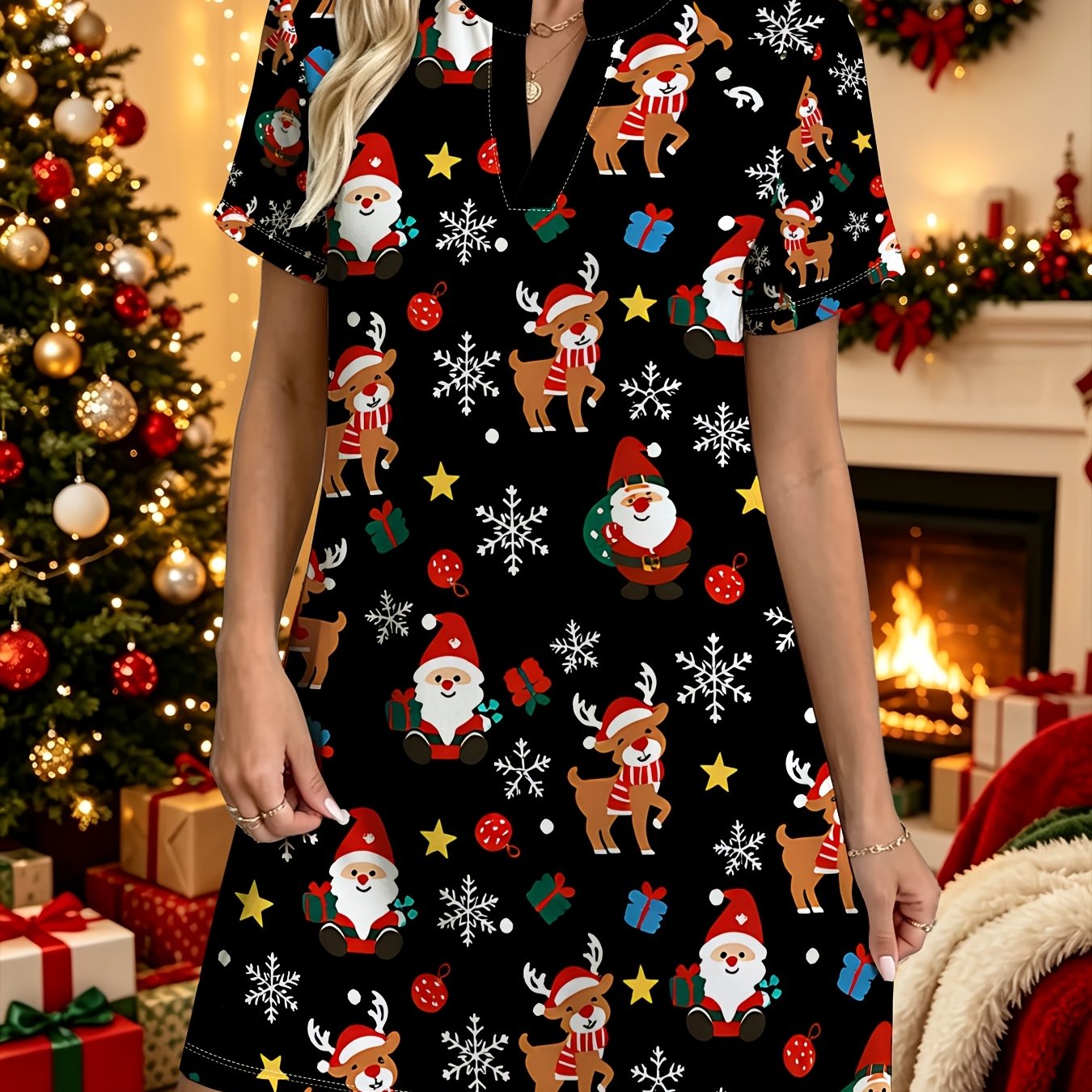 TEMU [christmas] Women's Fashion Casual Dress, Spring Summer Fun Christmas Snowflake Gift Dress, Daily Casual Comfortable Dress, Trendy Fashion