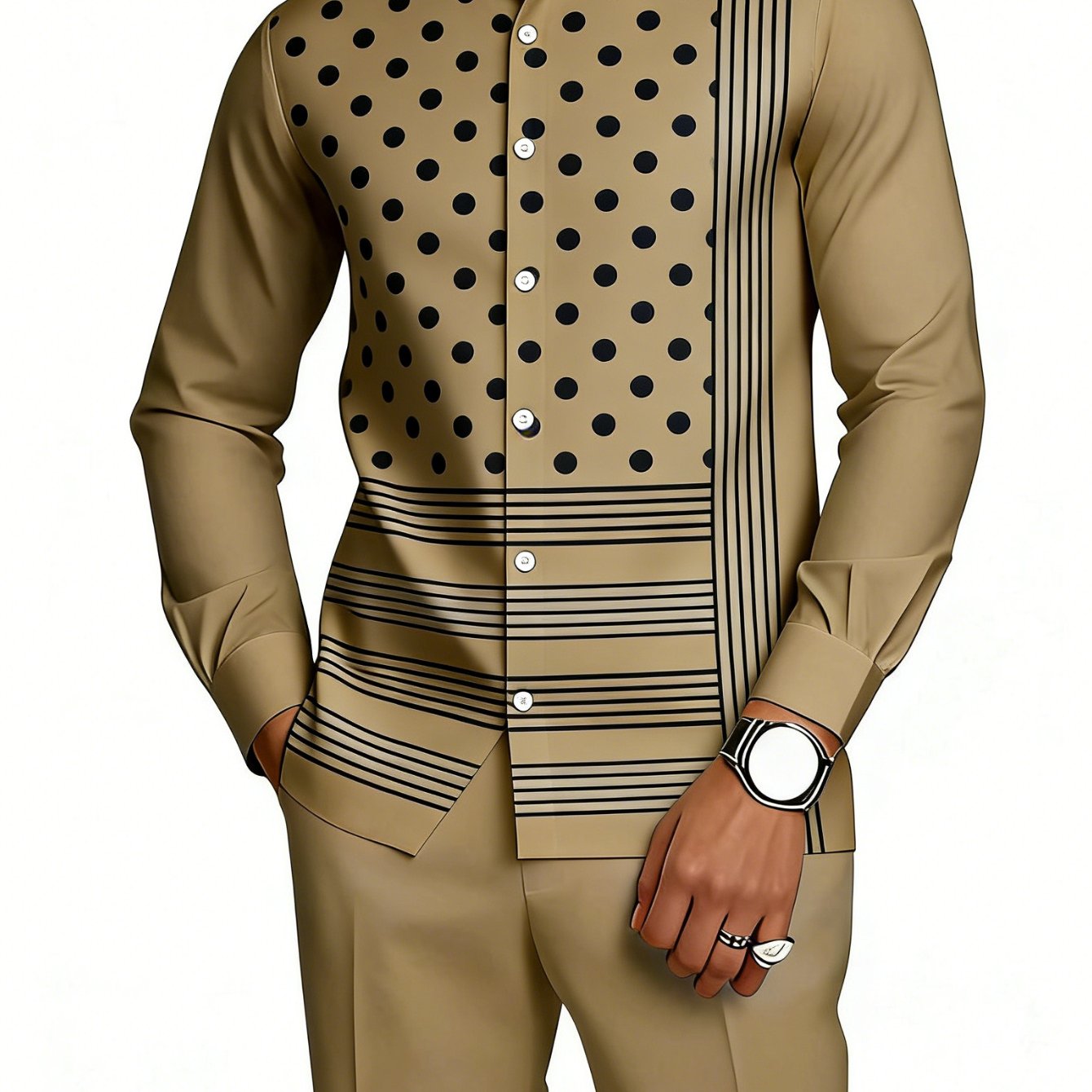 Image of Essential Men'-piece Set With A Stylish Collar Button-up Shirt. Fabric Is Wrinkle-resistant And Durable, With A Easy And Elegant Design. Suitable For Occasions Such As Vintage Parties And Daily