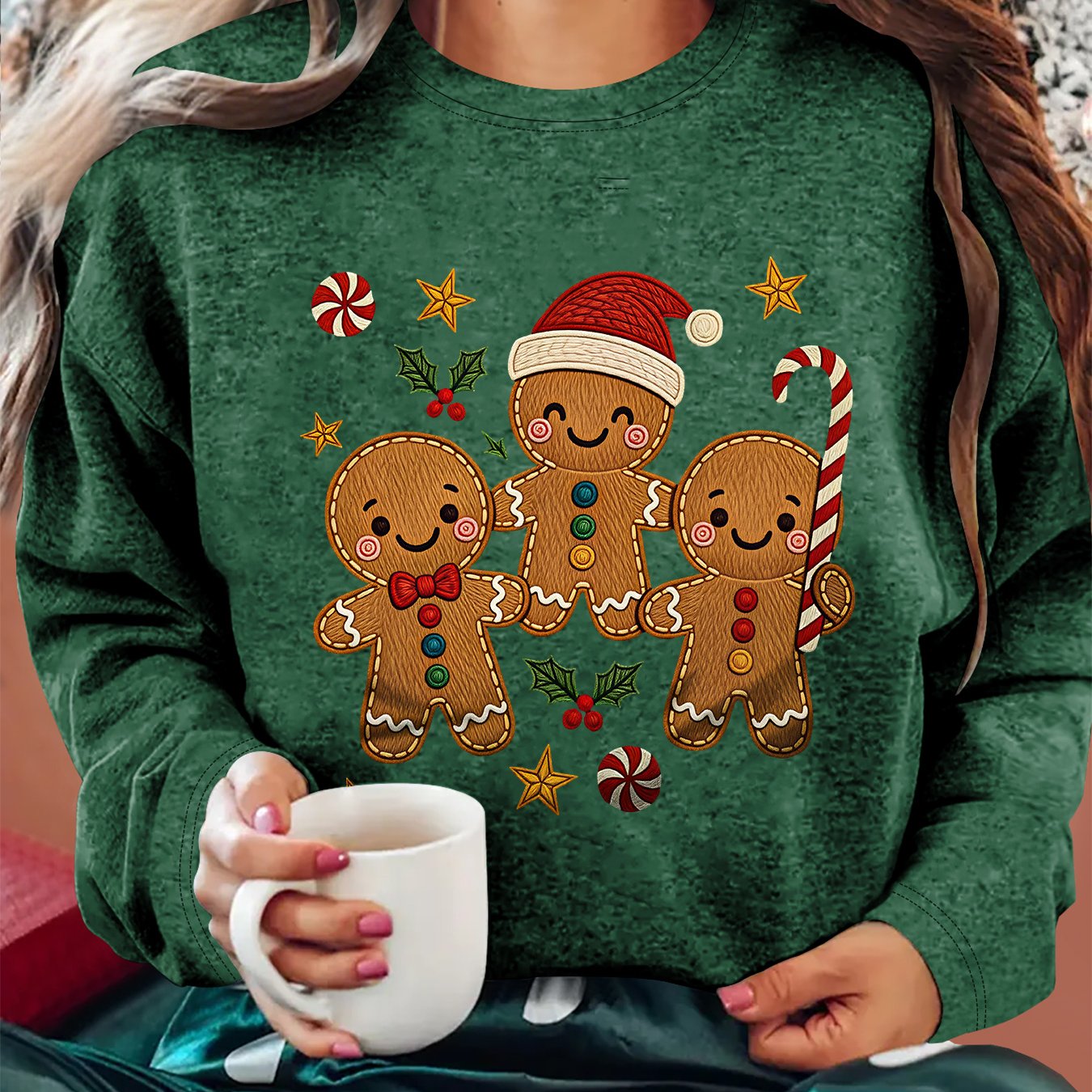 TEMU [christmas Holiday Clothing] Women's New Gingerbread Man Lollipop Holly Star Printed Round Neck Loose Long Sleeve T-shirt, Fall Winter Home