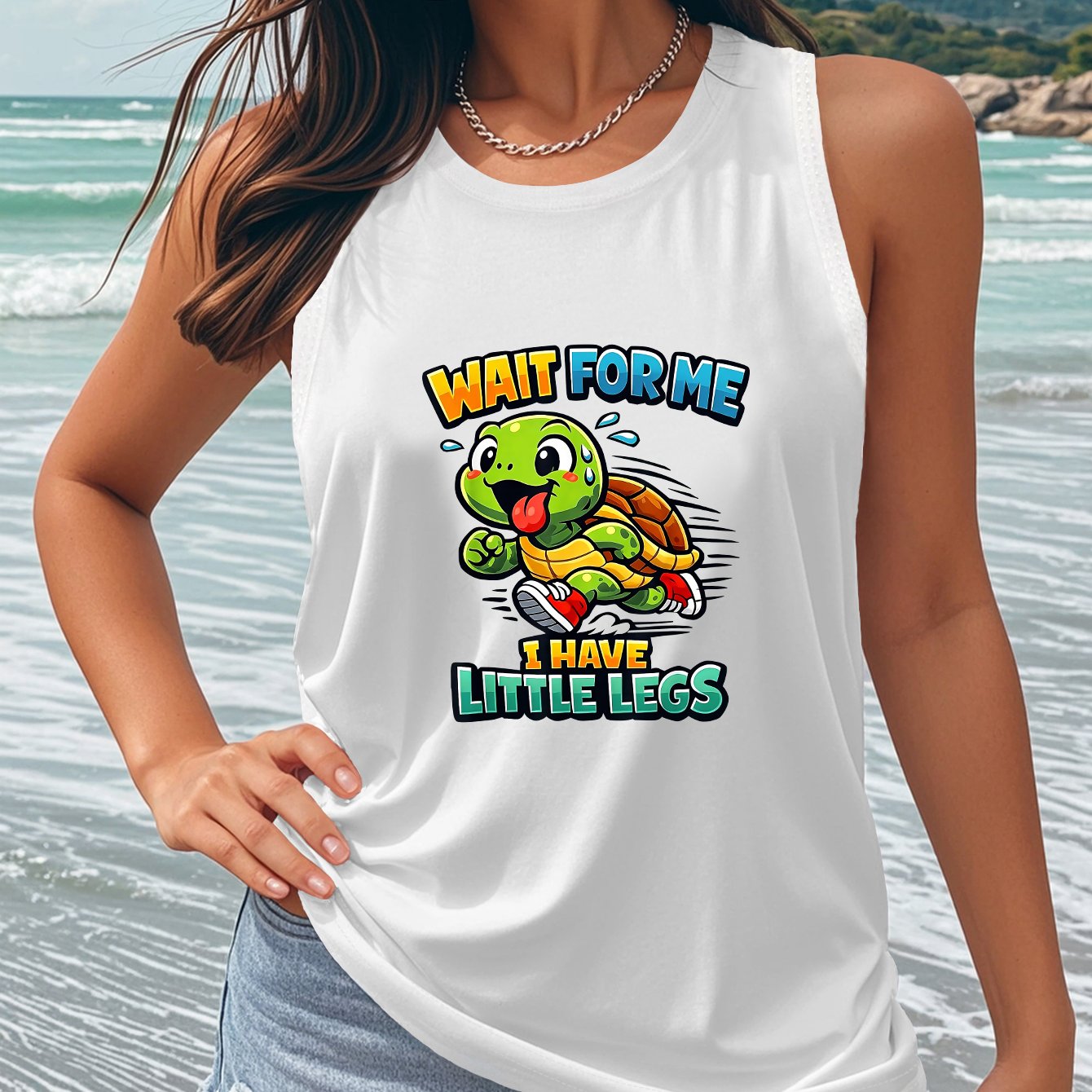TEMU Plus Size, Women's Plus Size " I Have Little Legs" Print Tank Top - Cute Sleeveless Crew Neck Vest, Medium Stretch Casual Summer Beachwear,