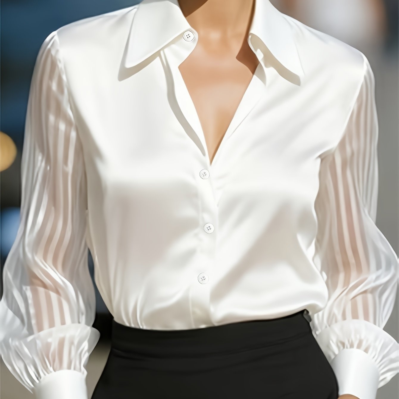 TEMU Women's Elegant White Satin Shirt With Striped Puff Sleeves, Commuter Workplace Top
