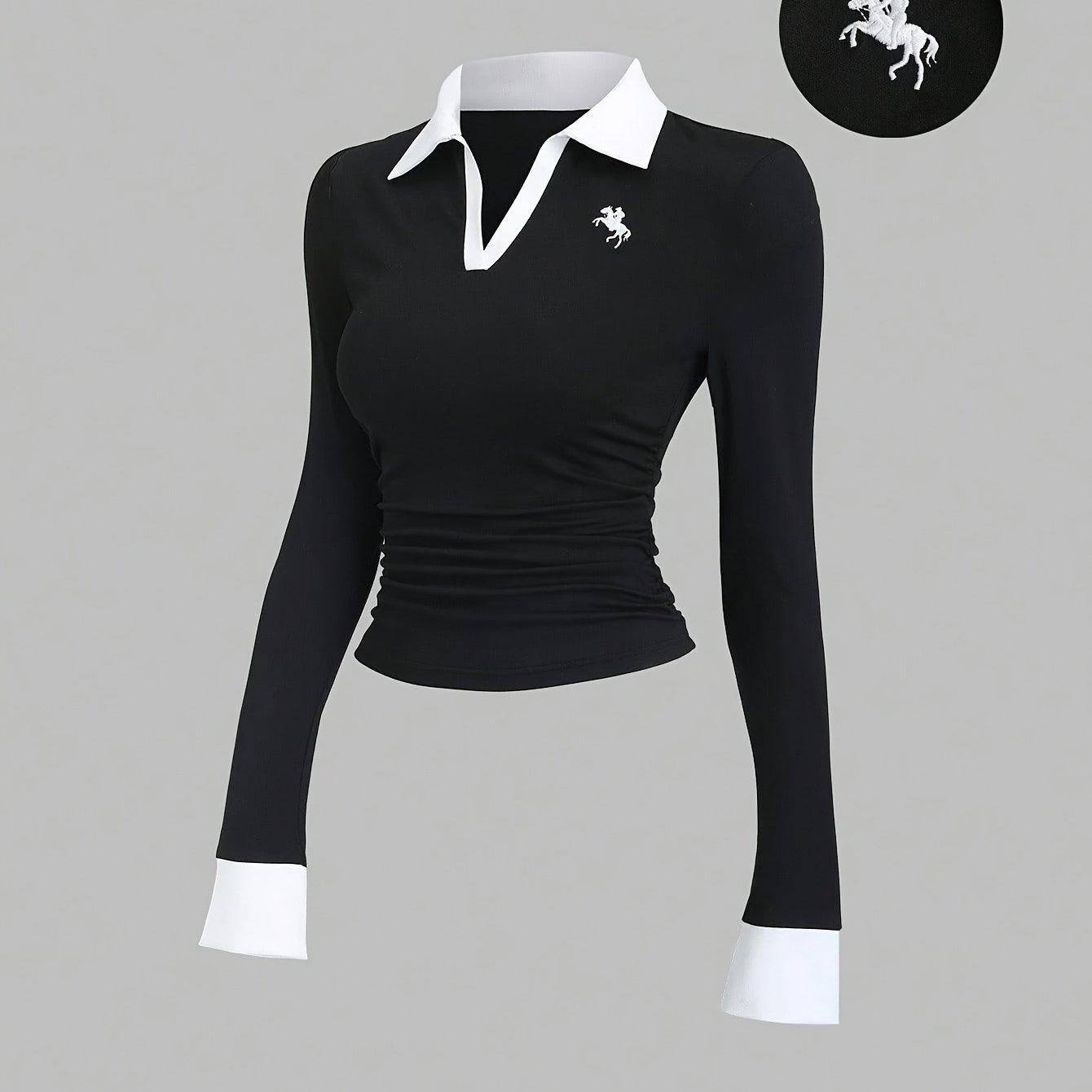 TEMU Women's Shirt, Embroidery, Contrast Sleeve Detail, Long Sleeve