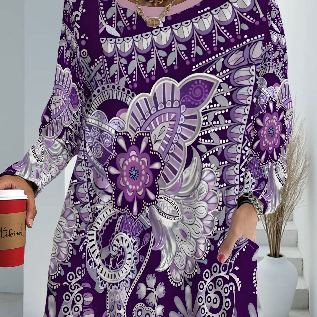 TEMU Women's Plus Size Pocketed Floral Loose Top, Summer Breathable Printed T-shirt, Casual Versatile Long Sleeve Cover-up