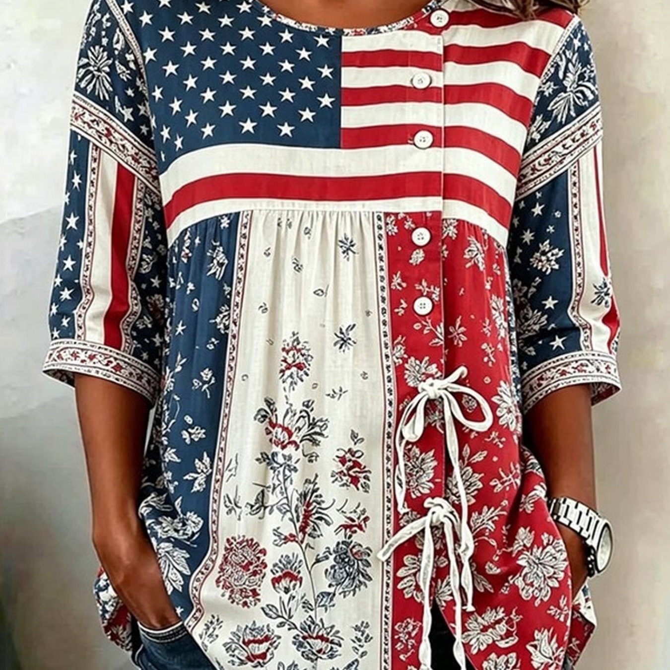 TEMU Plus Size - Plus Size - Women's Plus Size American Flag And Print Shirt, Patriotic Bohemian Lightweight Summer Shirt With Drawstring Waist,