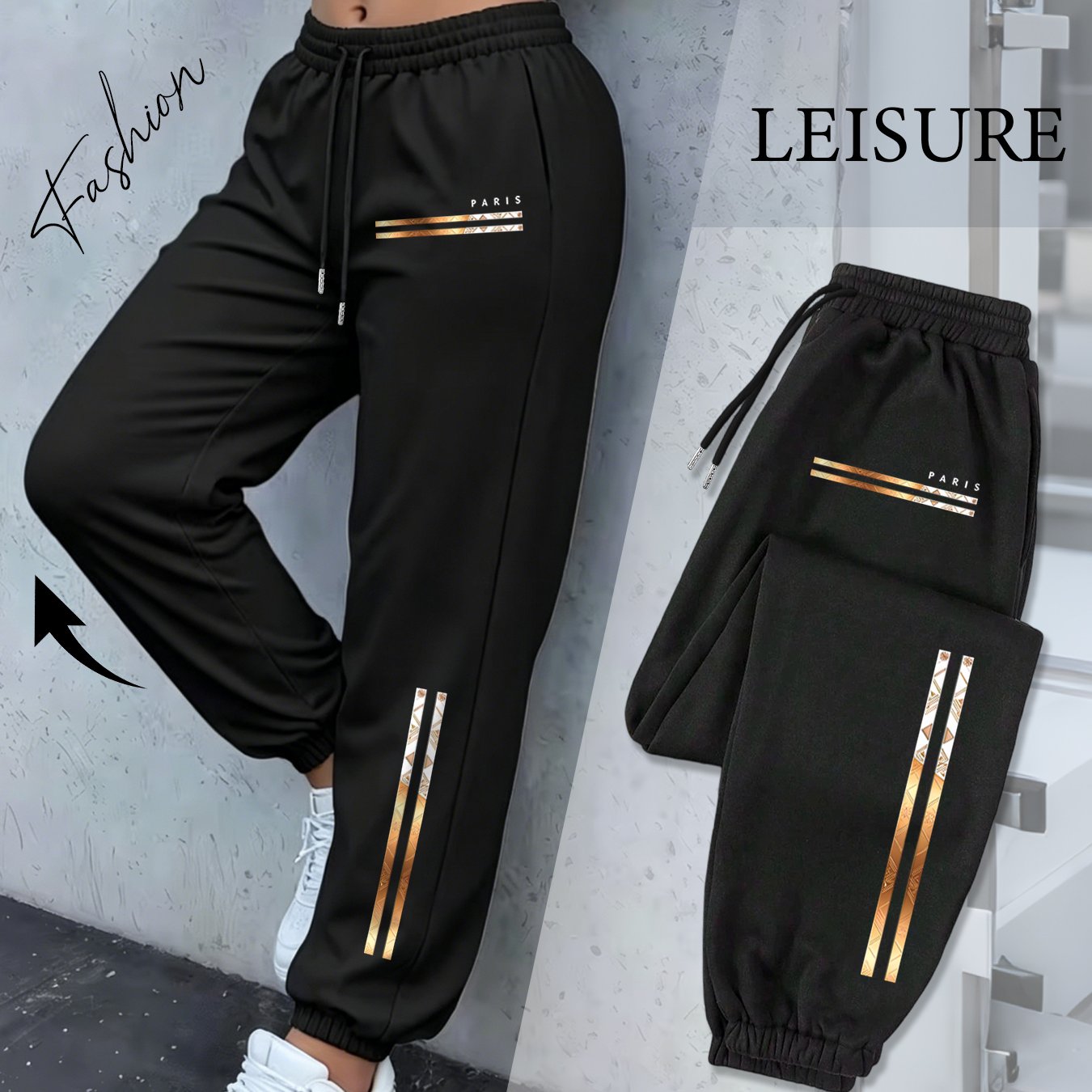 TEMU Light Luxury Paris Women's High-waist Drawstring Loose-fit European/ Casual Jogger Pants With Golden Texture And Print