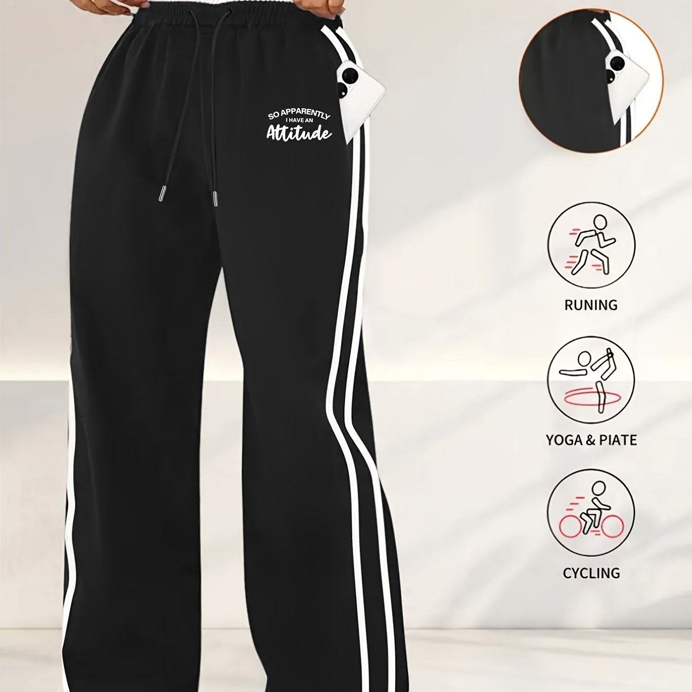 TEMU Plus Size, Plus Size Women's Pants - Casual Joggers With Side Stripes, High-waist With 2 Side Stripe Accents, Casual Drawstring Pants With