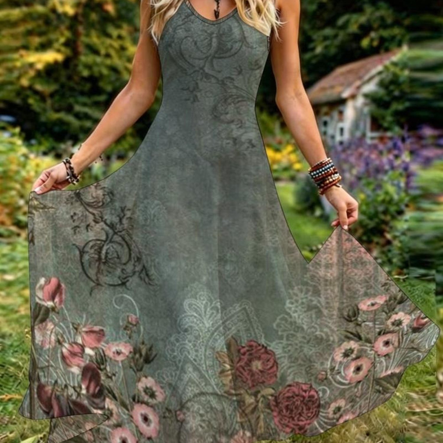 Image of Plus Size Vintage Floral Dress, Mixed Color, Multiple Specifications , Elegant Retro Design With Teal And Pink Background, Suitable For Women' Wear, Party, Dating, Comfortable Fabric, Stylish And