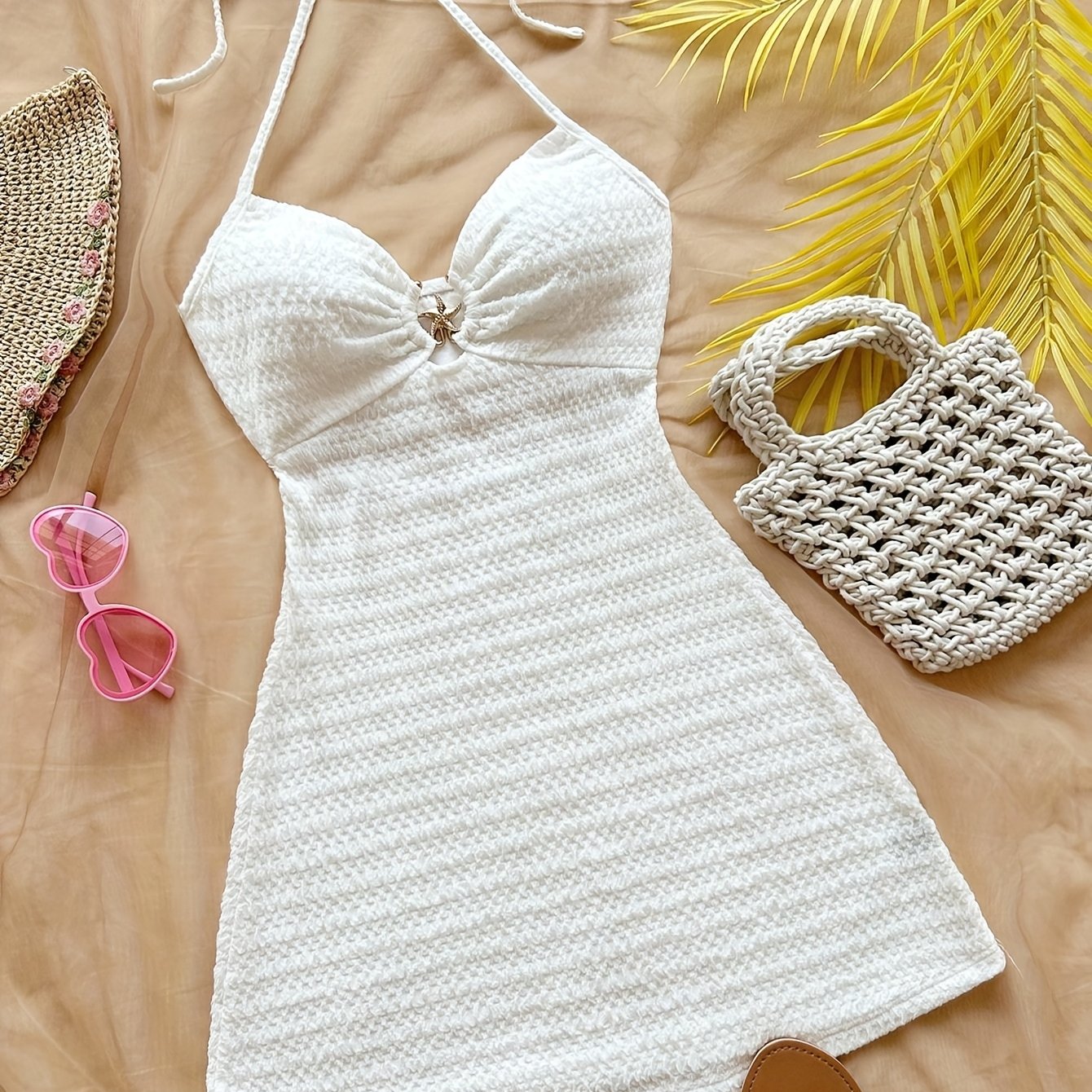 E-shop Elegantes, sexy Mini-Kleid mit V-Ausschnitt, Metall-Seestern-Dekor, Bindeband, rückenfrei und strukturiert, geeignet für Urlaub, Dating,