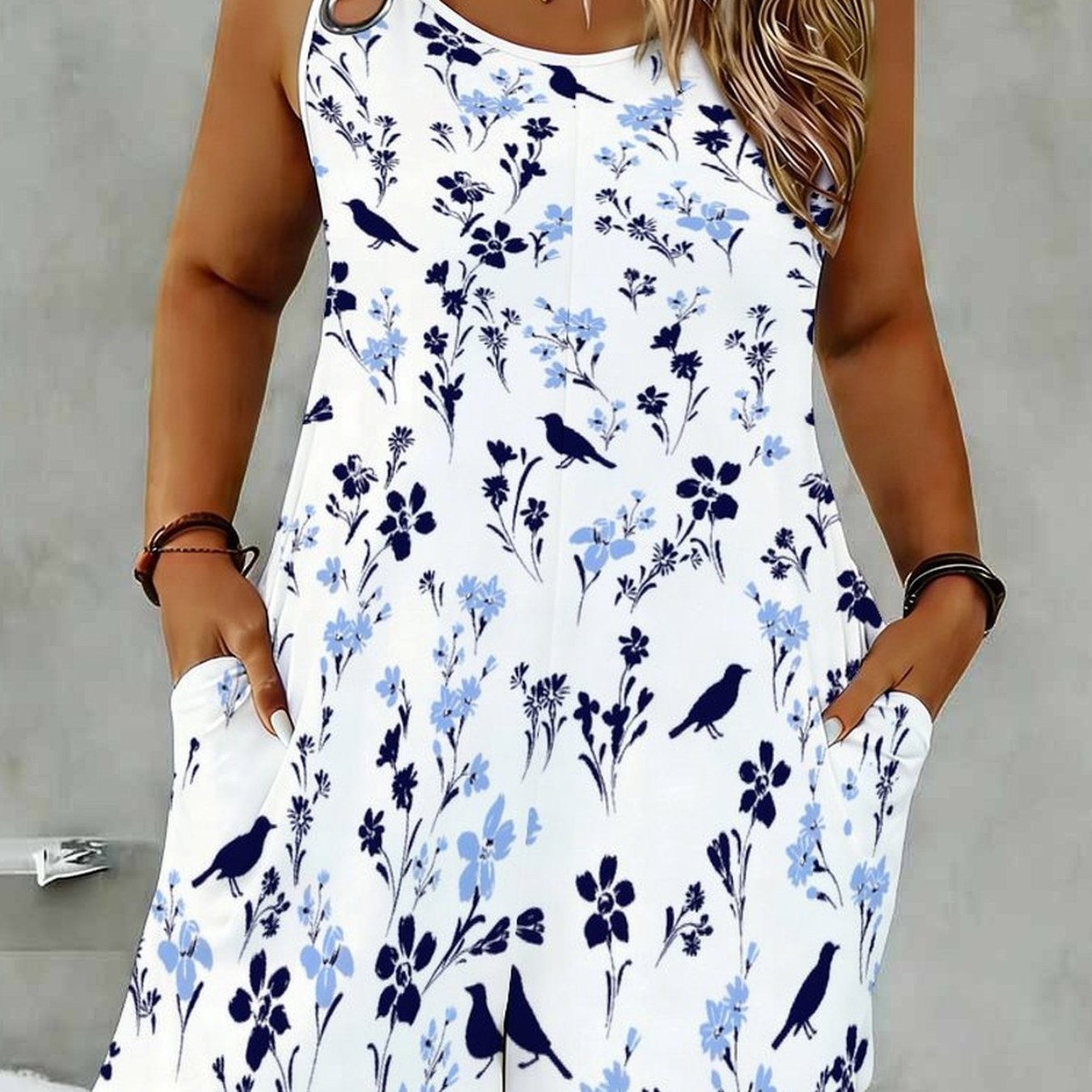 Image of Plus Size Women's Summer Sleeveless Floral Printed Jumpsuit, Camisole Straps With Ring Buckles And , Machine Washable. Elegant Casual Summer Outer Piece, Suitable For Or