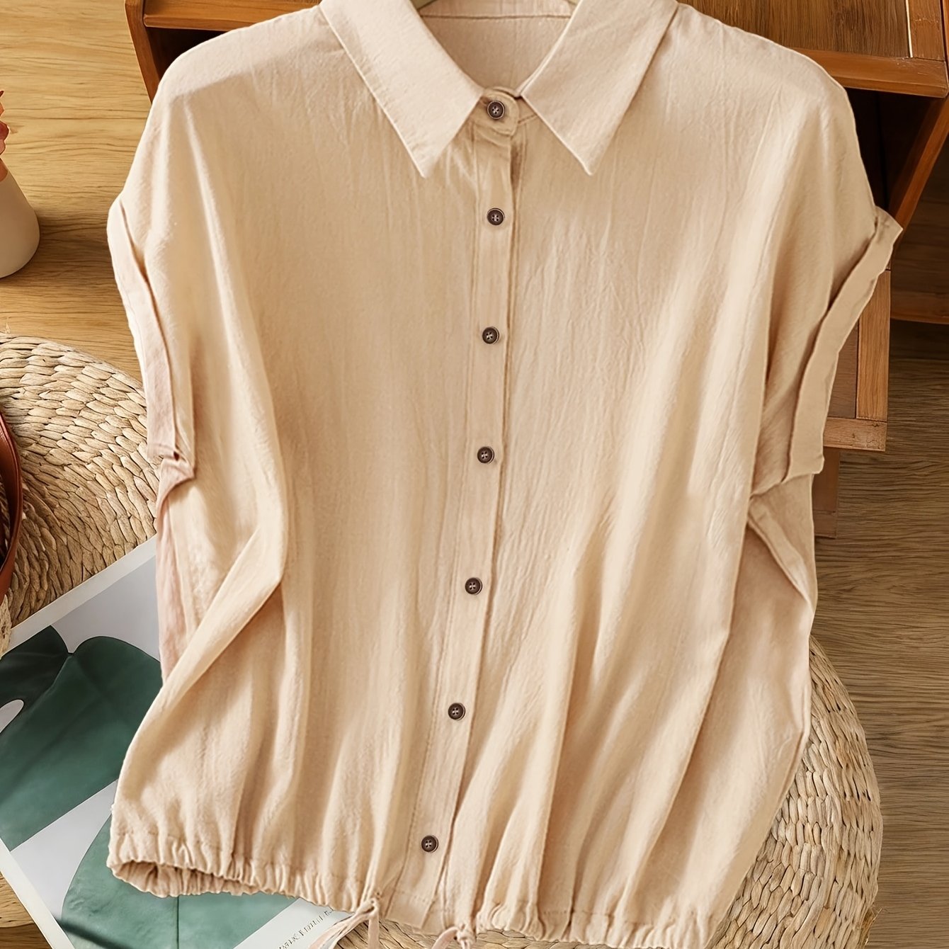 TEMU Women's Waist-cinching Loose Shirt, Turn- Collar, Casual Commuting Outfit, Slim Fit And Thinning, Summer