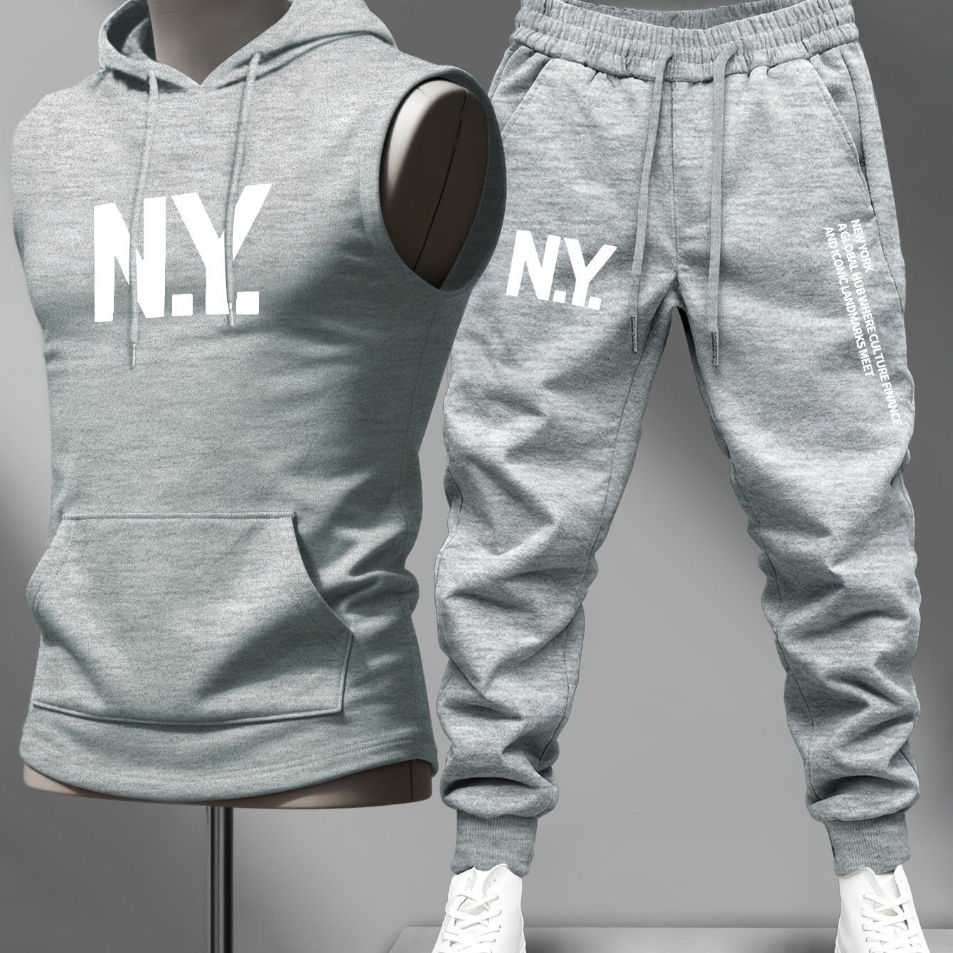 TEMU Men's Casual Gym Hooded Vest And Pants Set With Financial City Theme Print, Sleeveless Hooded Training Vest, Matching Print Side-decorated
